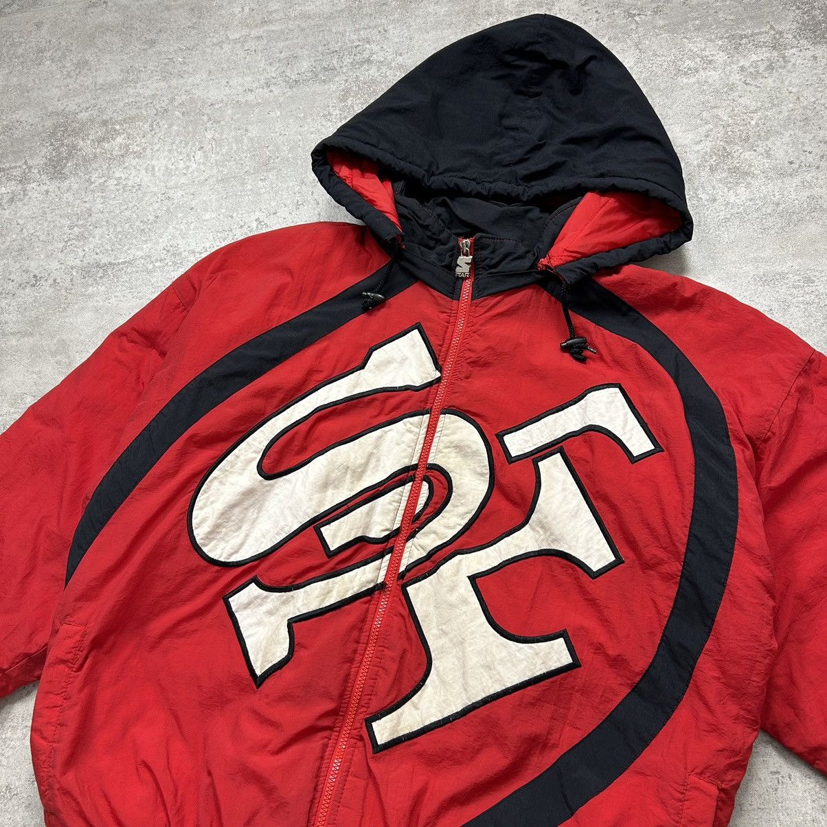 NFL × Starter × Vintage VTG 90s SAN FRANCISCO 49ERS BIG LOGO PUFFER JACKET HOODIE Size US XL / EU 56 / 4 - 2 Thumbnail