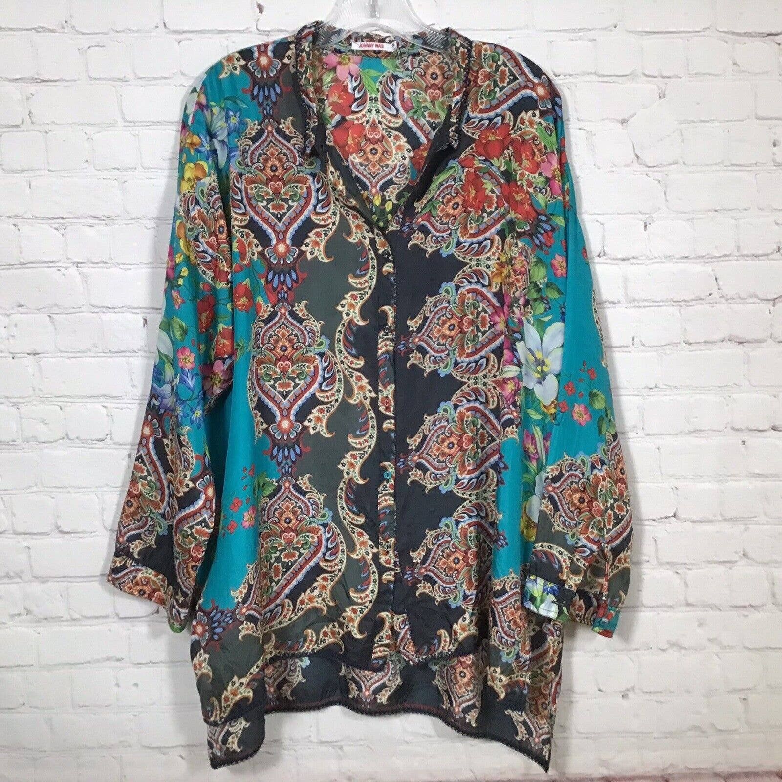 image of Johnny Was Silk Scarf Print Top Medium Roll Tab Sleeves, Women's