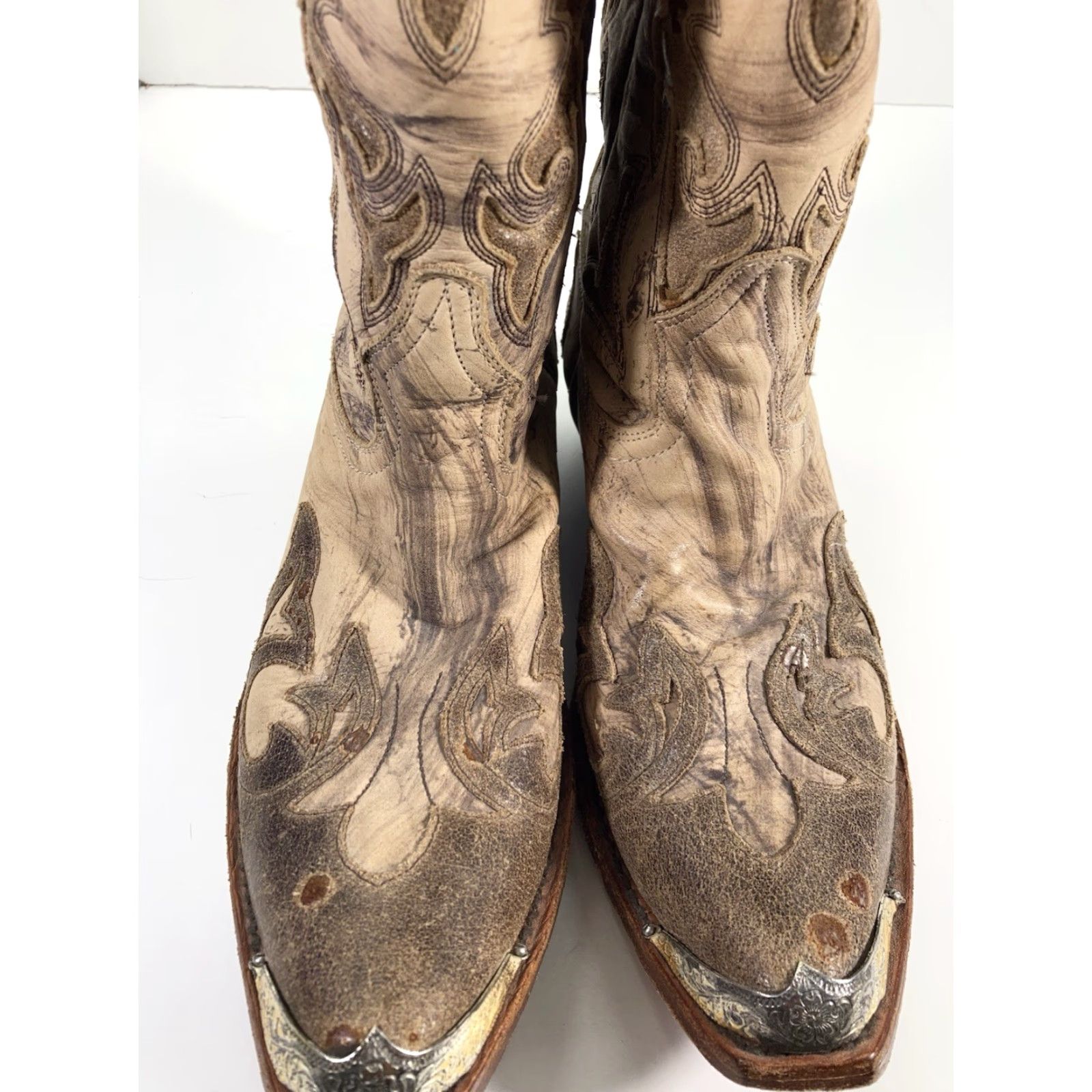 Vintage Johnny Ringo Boots Western Distressed Leather Women Size 7.5 B Beige Metal Tips Size US 8 / IT 38 - 3 Thumbnail