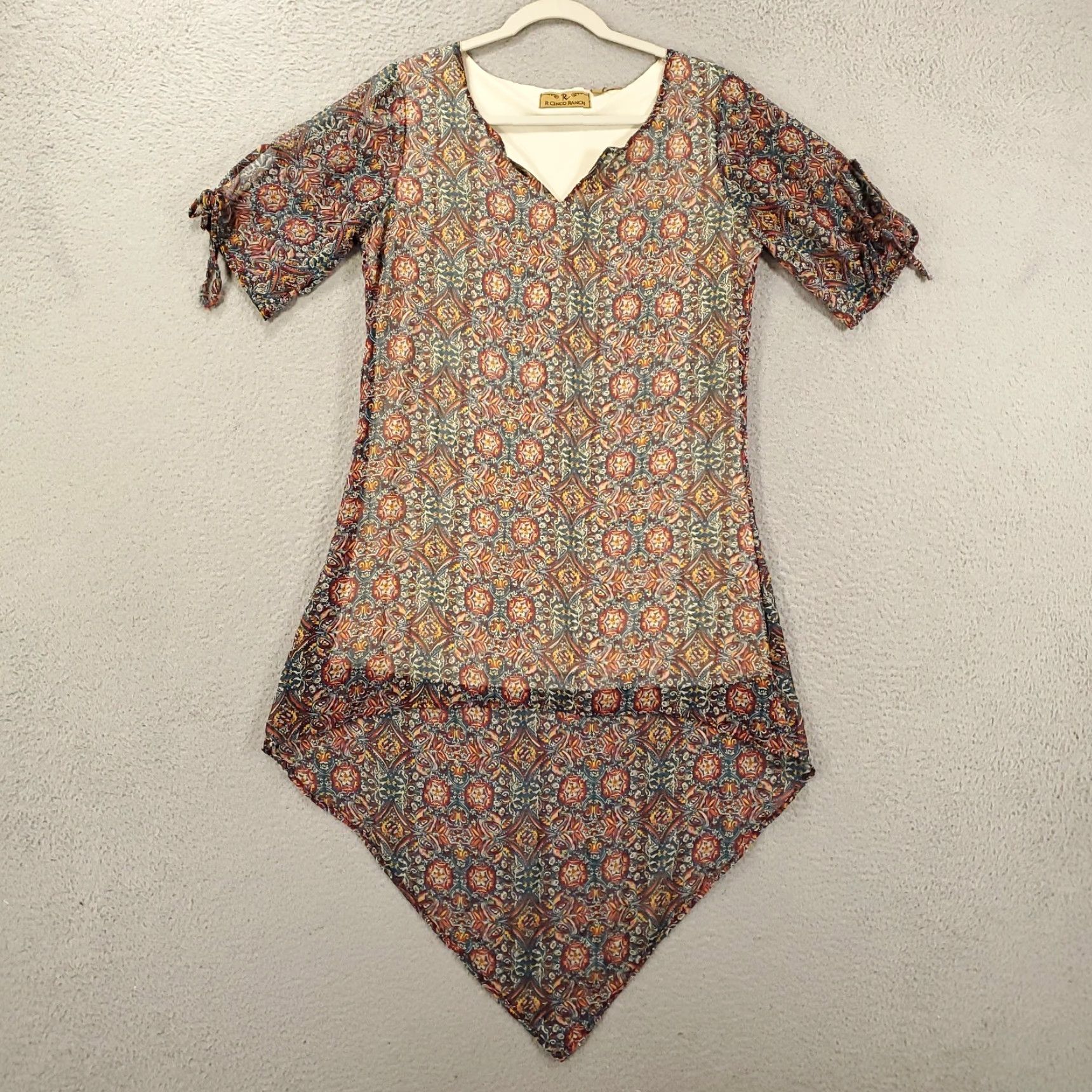 Vintage R Cinco Ranch Womens Boho Shift Dress Short Sleeve V-Neck Lined Sheer Blue Mini Casual Dress M Size M / US 6-8 / IT 42-44 - 2 Thumbnail