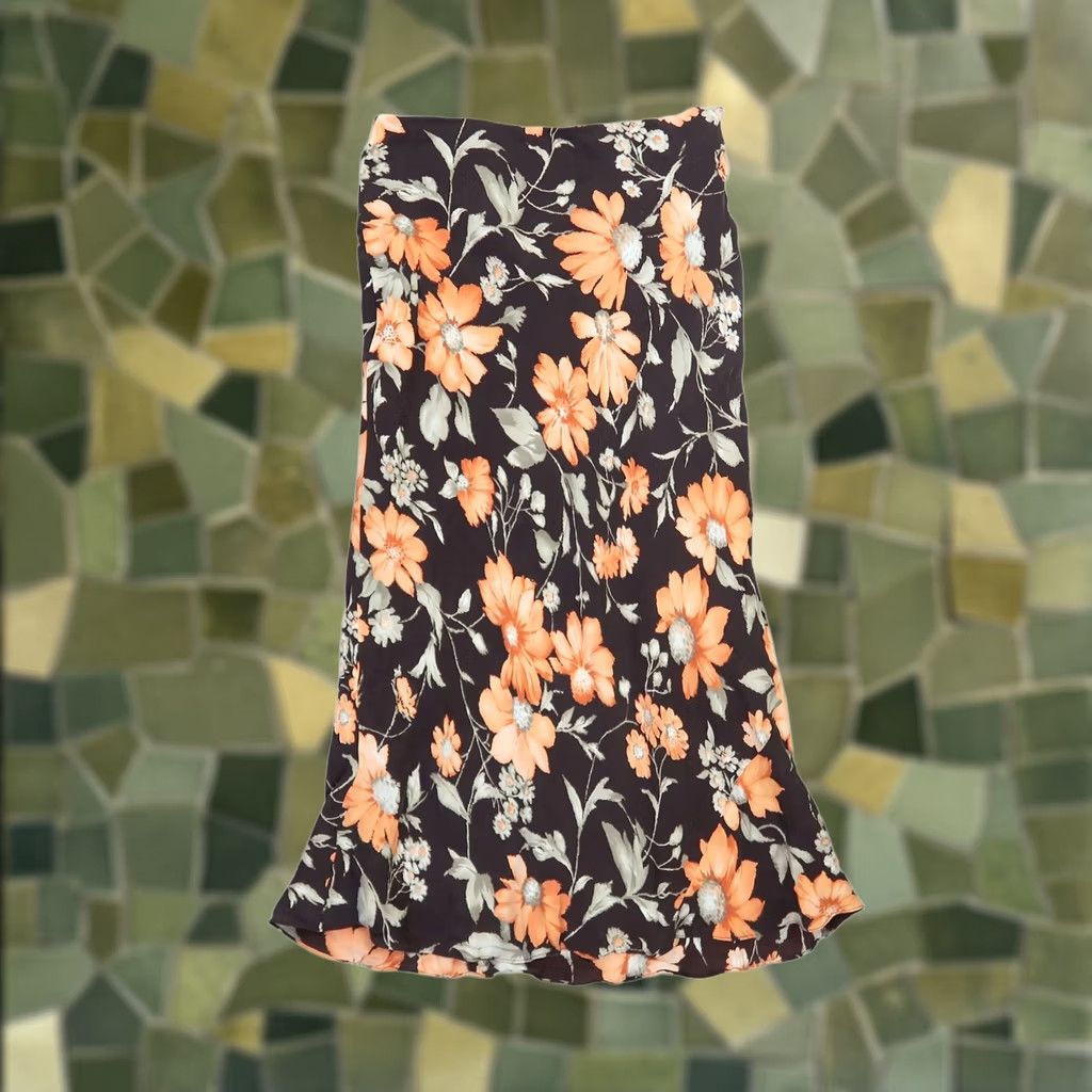 Jones New York VINTAGE 90s Jones New York Silk Midi Skirt Brown Orange Floral 6P Women's Shoes? Size 28" / US 6 / IT 42 - 1 Thumbnail