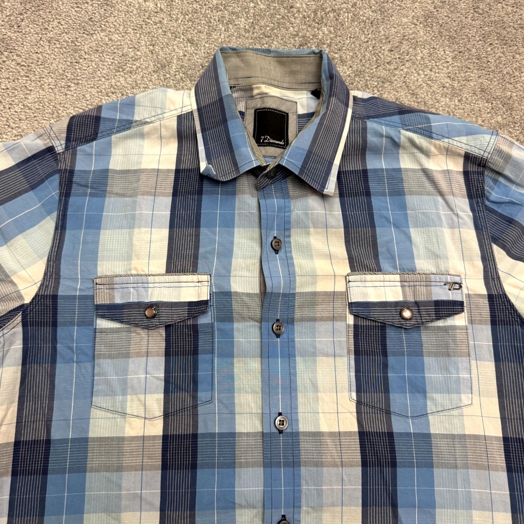 Vintage 7 Diamonds Button-Down Shirt Mens Large Blue Plaid Short Sleeve Cotton Casual Size US L / EU 52-54 / 3 - 3 Thumbnail