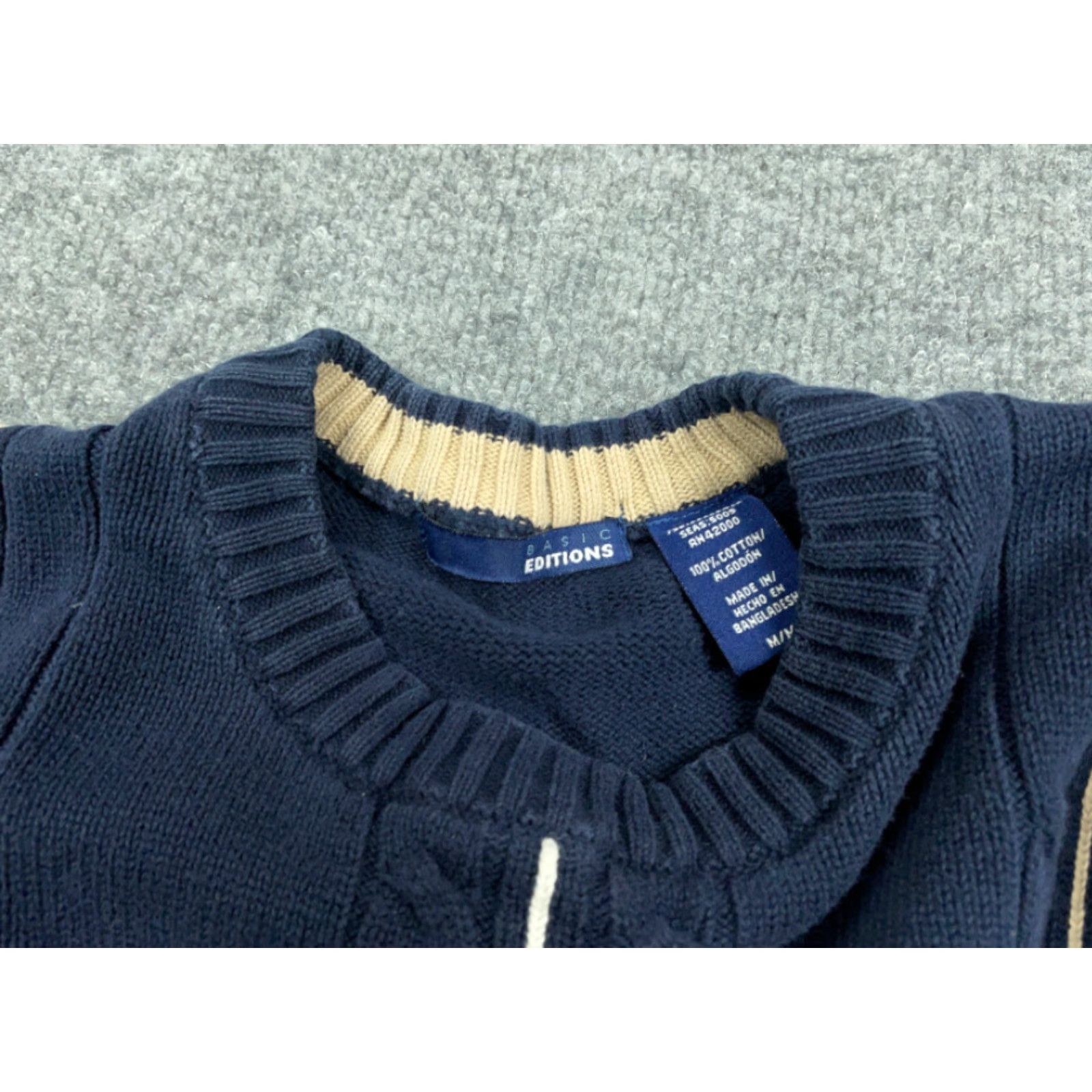 Basic Editions Dad Style Blue Textured Grid Check Pullover Sweater Adult Medium Knit Crew Neck Mens Casual Size US M / EU 48-50 / 2 - 4 Thumbnail