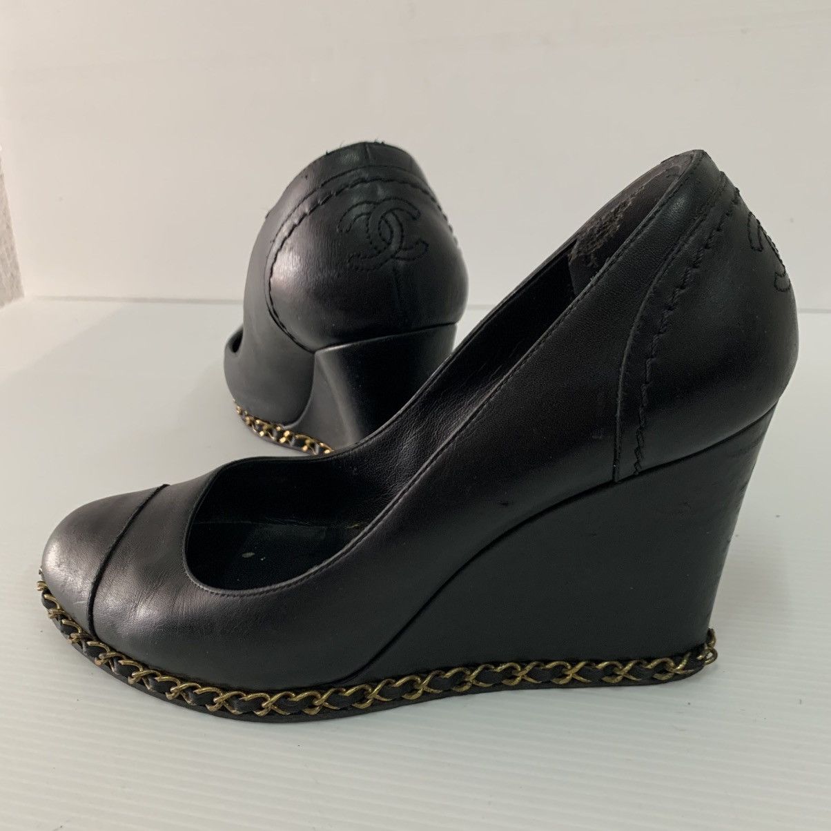 Chanel Chanel Black Leather Wedges Shoes Size US 7.5 / IT 37.5 - 1 Thumbnail