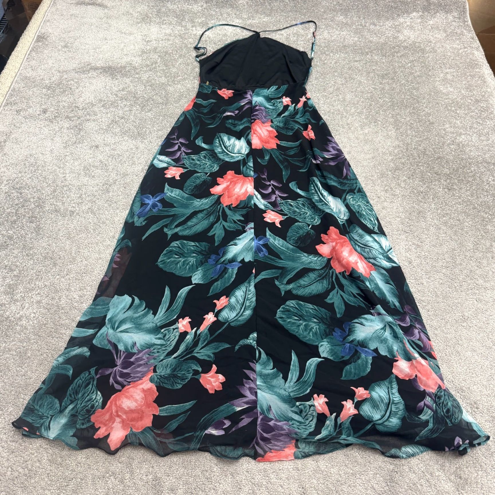 Lulus Lulus Maxi Dress Backless Sheer Overlay Floral Multicolor Strappy Medium Womens Sundress Horizontal Slit, Bohemian, Flower, 90s? Size M / US 6-8 / IT 42-44 - 3 Thumbnail