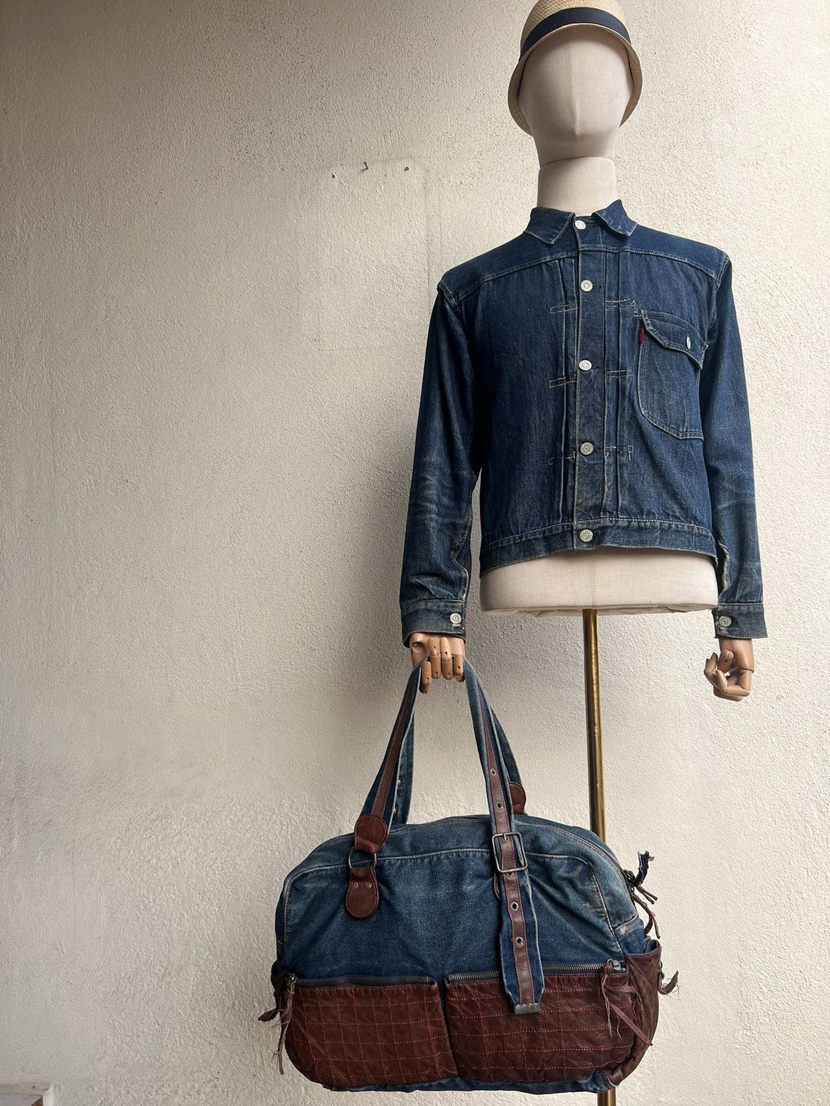 Vintage And A Japan Distress Fade Denim Cowhide Leather Large Bag Size ONE SIZE - 2 Thumbnail