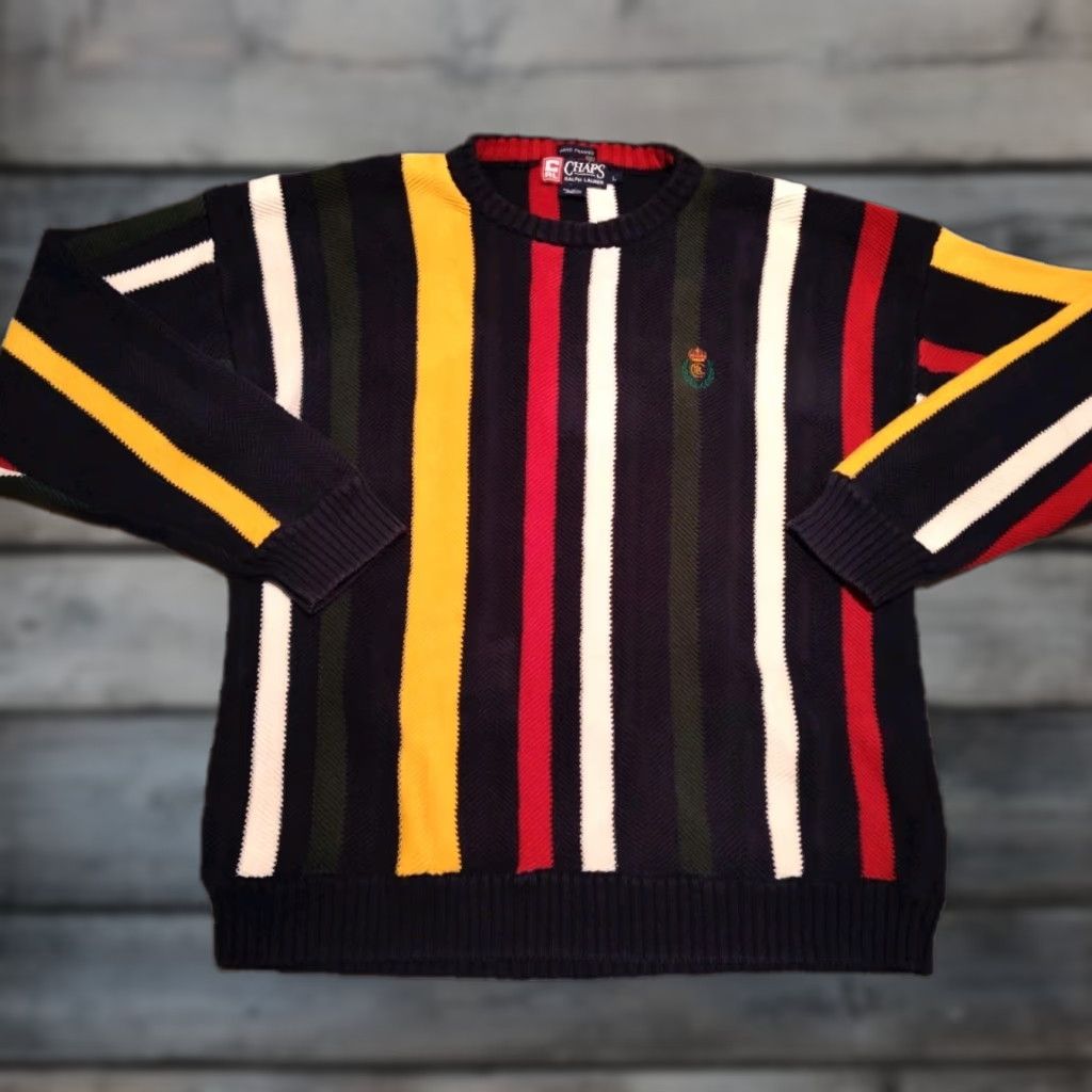 VINTAGE Ralph Lauren Chaps Sweater Men’s M/L Multicolor Striped Knit Pullover 90s Classic Preppy Winter