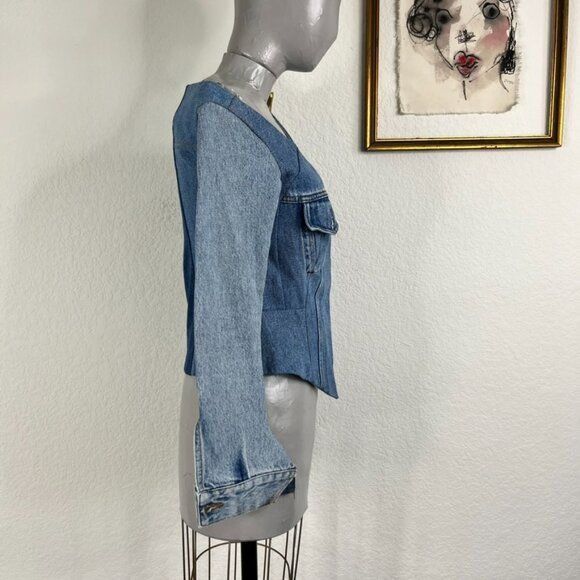 A.W.A.K.E. MODE A.W.A.K.E. MODE Upcycled Denim Off Shoulder Top Jean Jacket Size XS / US 0-2 / IT 36-38 - 12 Thumbnail