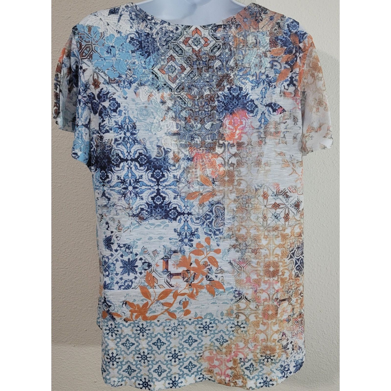 Other Blue Orange Floral Slub Knit Top L Short Sleeves Round Neck Size L / US 10 / IT 46 - 3 Thumbnail