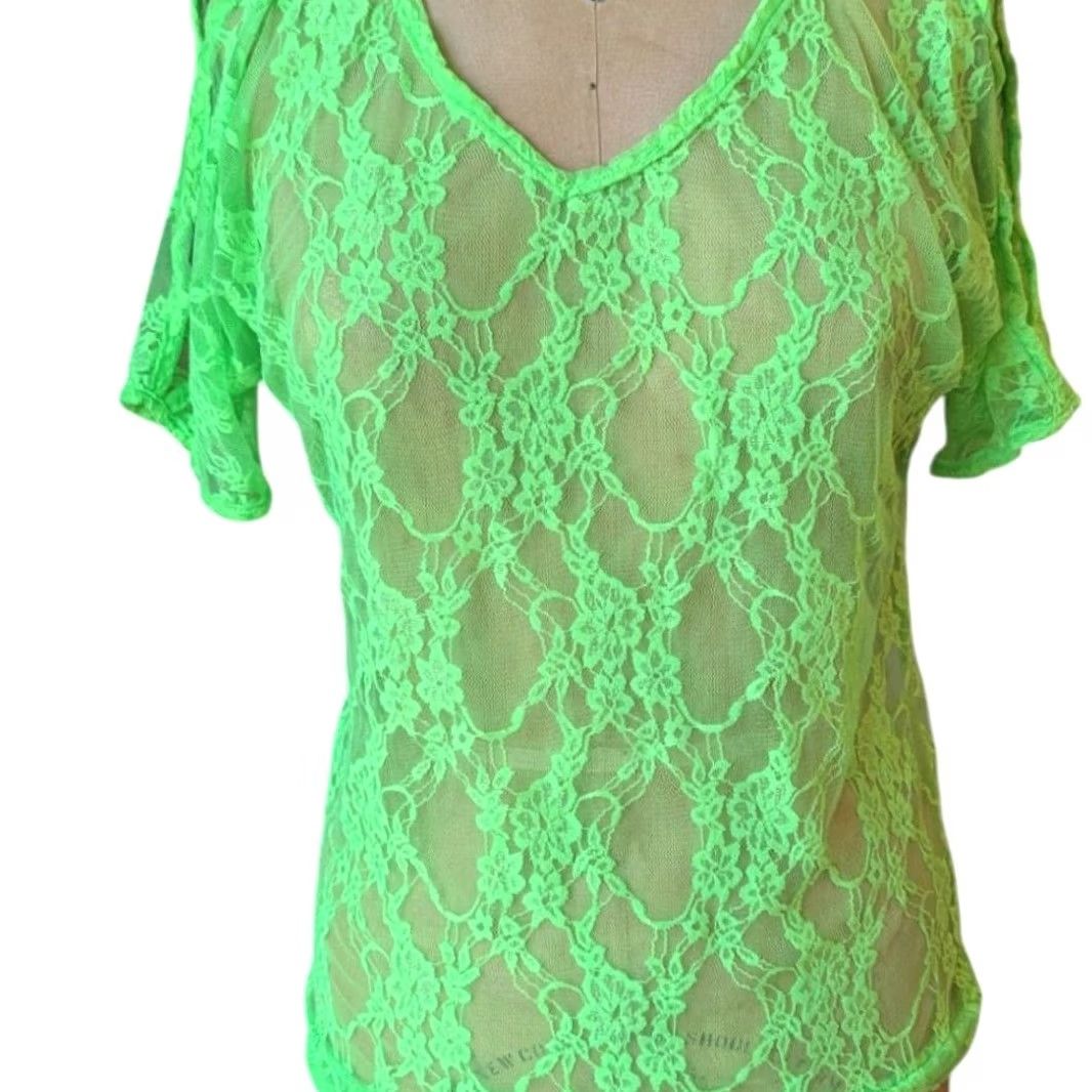 Vintage VINTAGE Deb Neon Green Sheer Lace Cold Shoulder Top Juniors Small Y2K Coquette Whimsigoth Womens Size S / US 4 / IT 40 - 5 Thumbnail