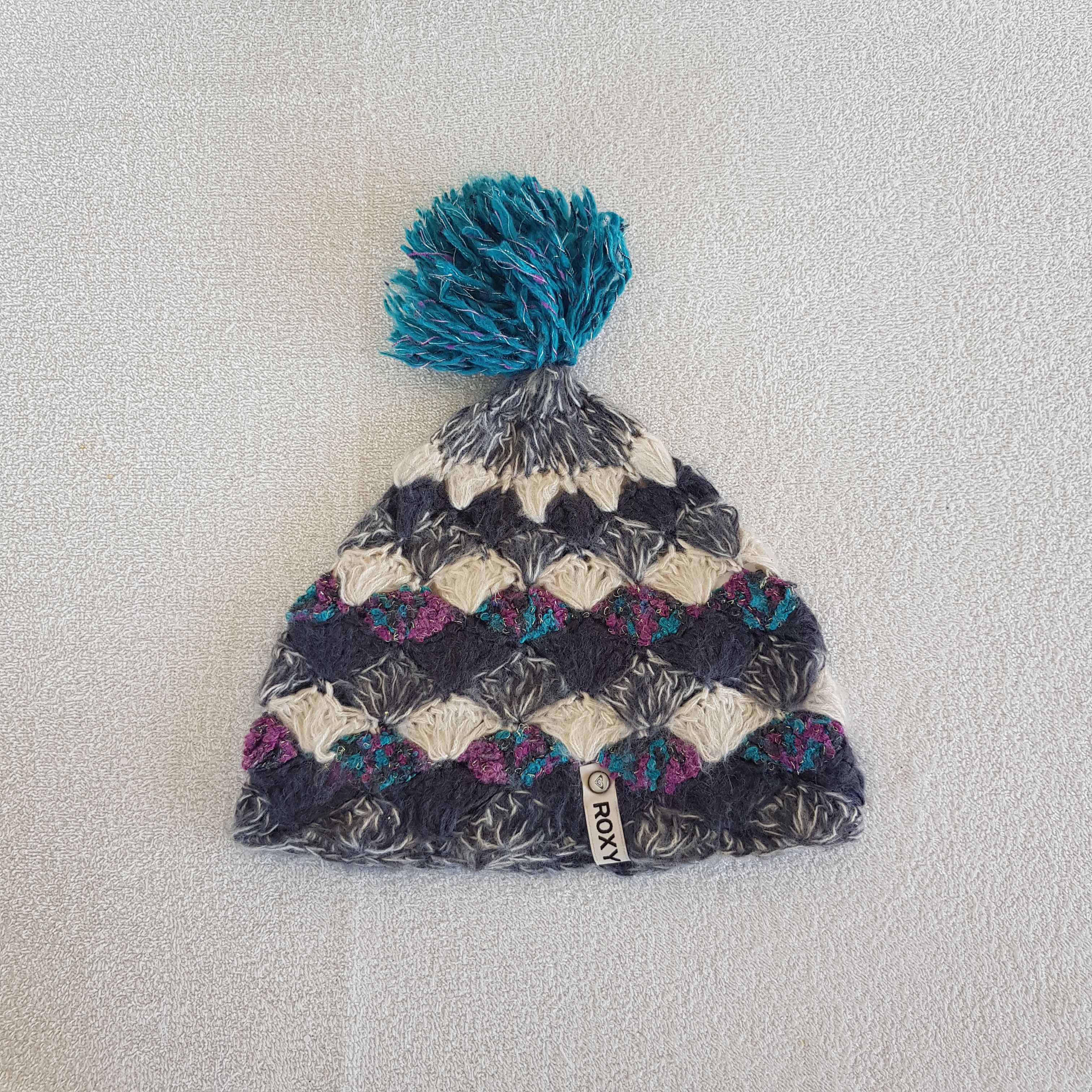 Homespun Knitwear Vintage Roxy Beanie Boho Patchwork Pom Pom Snow Caps Hats. Size ONE SIZE - 5 Thumbnail