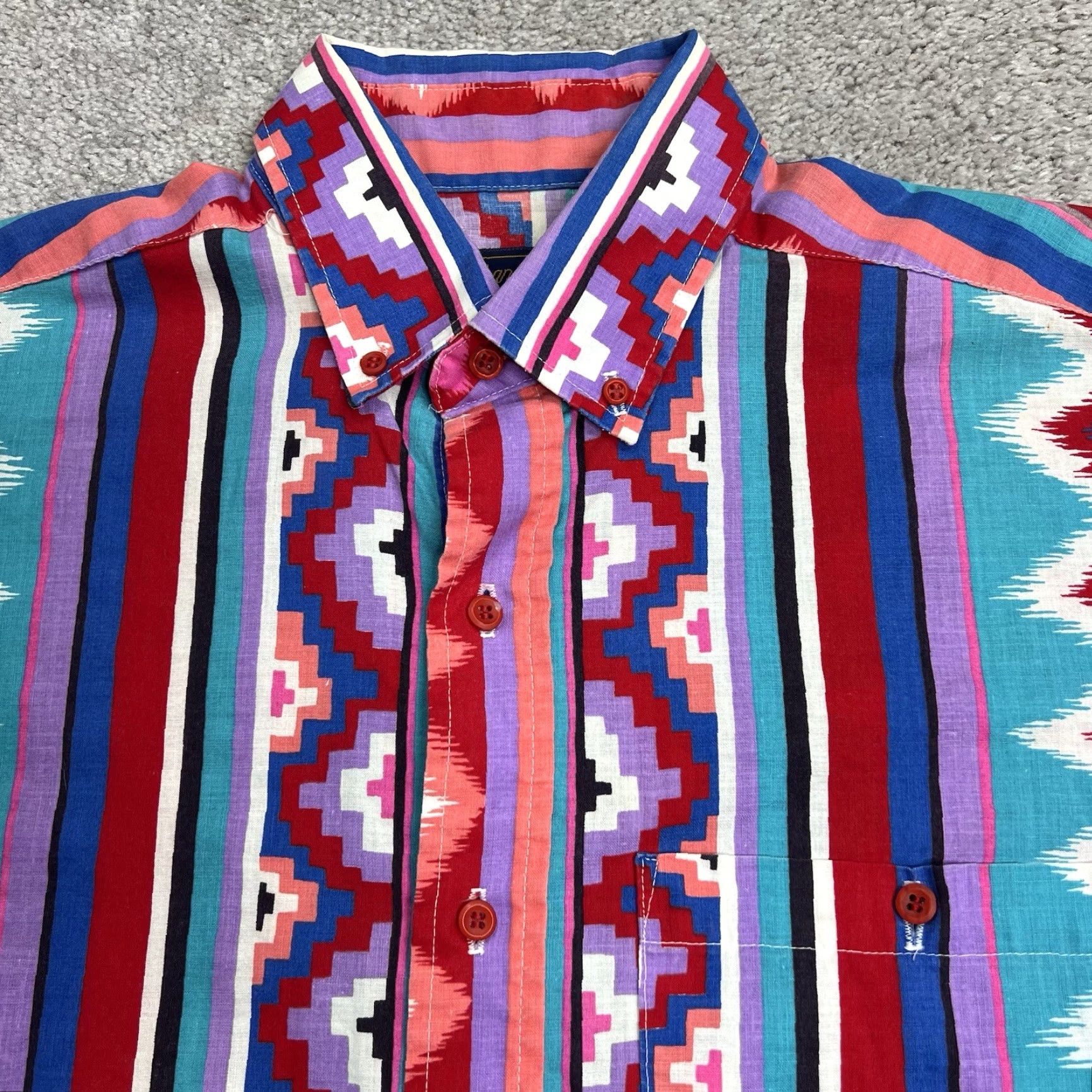 Vintage VINTAGE Panhandle Slim Shirt Men L Aztec Cowboy Western Rodeo Blue Pink Navajo Button-Up Short Sleeve Collared 16 USA Mens Size US L / EU 52-54 / 3 - 3 Thumbnail