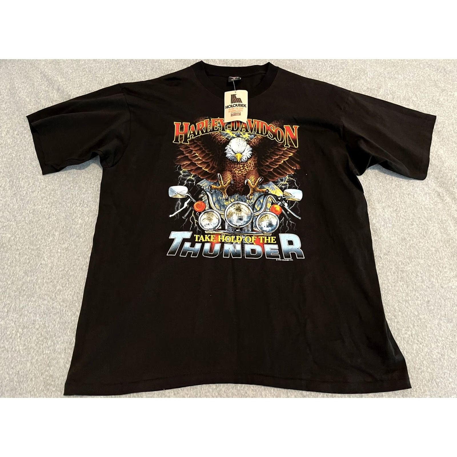 Harley Davidson VINTAGE Harley-Davidson Shirt Mens 2XL Black Cotton Short Sleeve Crew Neck Double-Sided 1992 Holoubek Take Hold Thunder NWT Size US XXL / EU 58 / 5 - 2 Thumbnail
