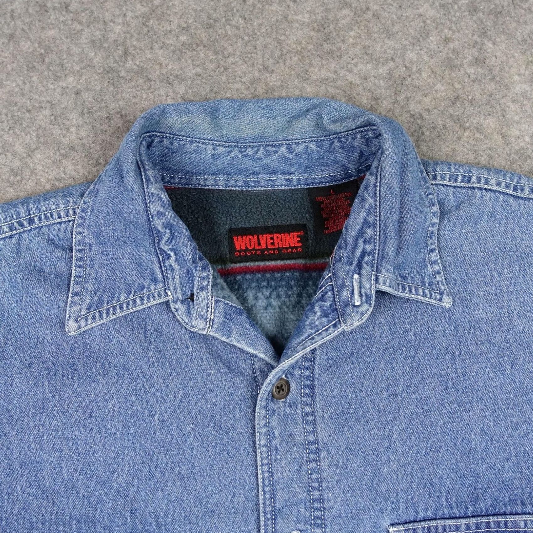 Denime Wolverine Jacket Mens Large Blue Denim Fleece Lined Button Up Workwear Insulated Size US L / EU 52-54 / 3 - 2 Thumbnail