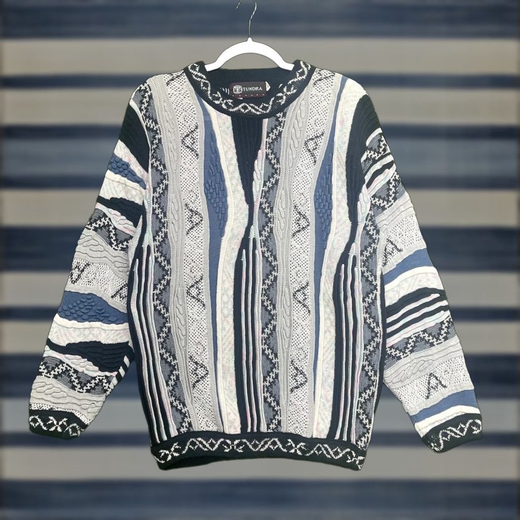 Coogi VINTAGE Tundra Coogi Sweater Mens M Abstract 3D Knit Geometric Cable-Knit Crew Neck Blue Cotton Pullover Sweater 90s Bohemian Retro Winter Fall Mens Size US M / EU 48-50 / 2 - 1 Thumbnail