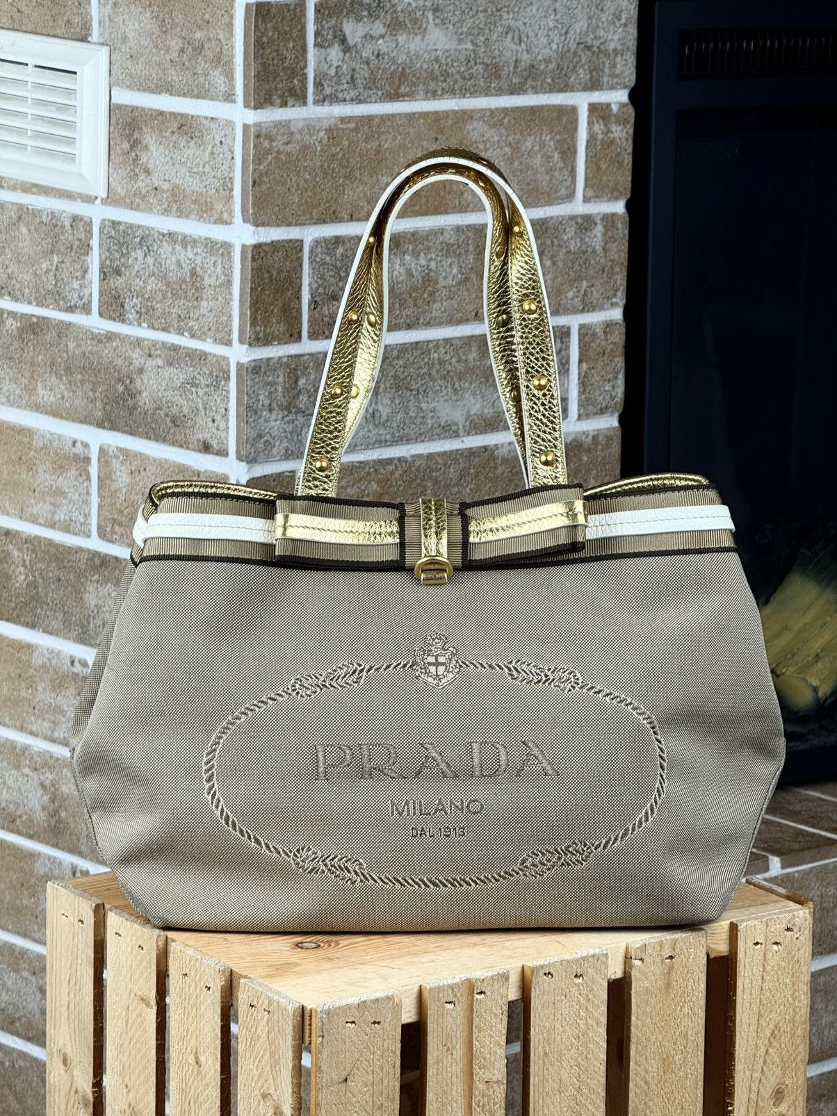 Prada Prada Brown Logo Jacquard Canvas Mettalic Gold Handle Bag Size ONE SIZE - 1 Thumbnail
