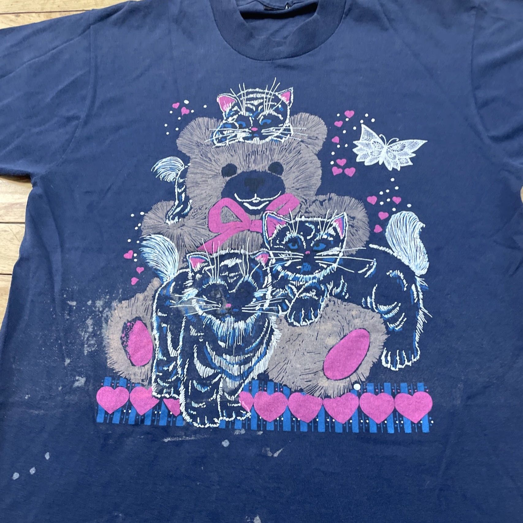 Vintage VINTAGE CATS Hearts Print Y2k Shirt Adult L Slim Blue Pink Grunge Paint Tee (L fits M) Size US L / EU 52-54 / 3 - 4 Thumbnail