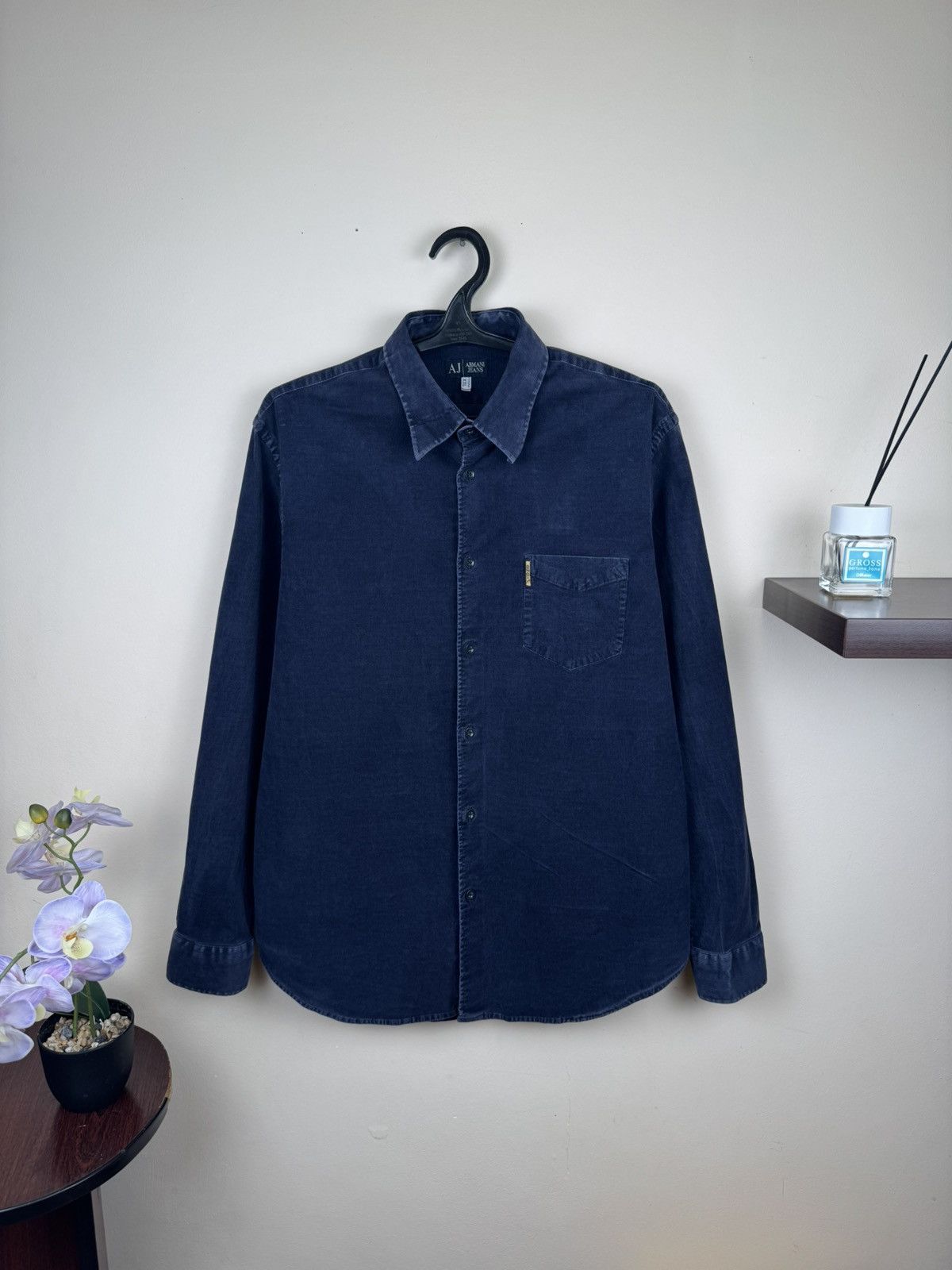 Vintage Armani Jeans Corduroy Shirt Button Up Dark Blue XXL