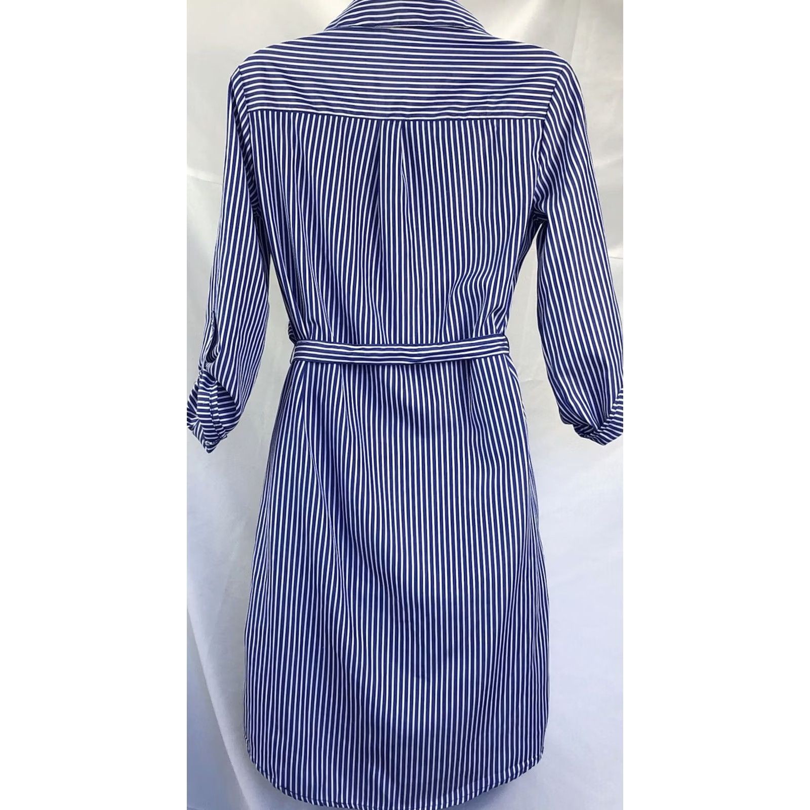 Etro VINTAGE Mlle Gabrielle Shirt Dress Blue White Stripe Knee Length S Roll Tab Sleeve Button Collar Casual Womens Size S / US 4 / IT 40 - 4 Thumbnail