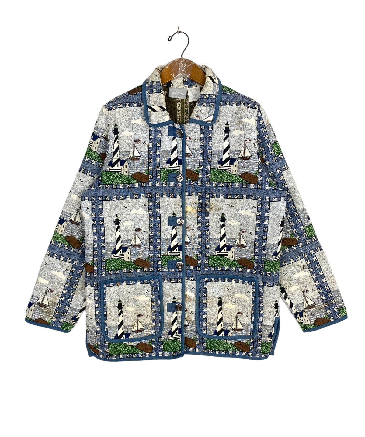 Vintage Vtg Blair Nautical Sailboat Lighthouse Tapestry Jacket Lined Size L / US 10 / IT 46 - 1 Thumbnail