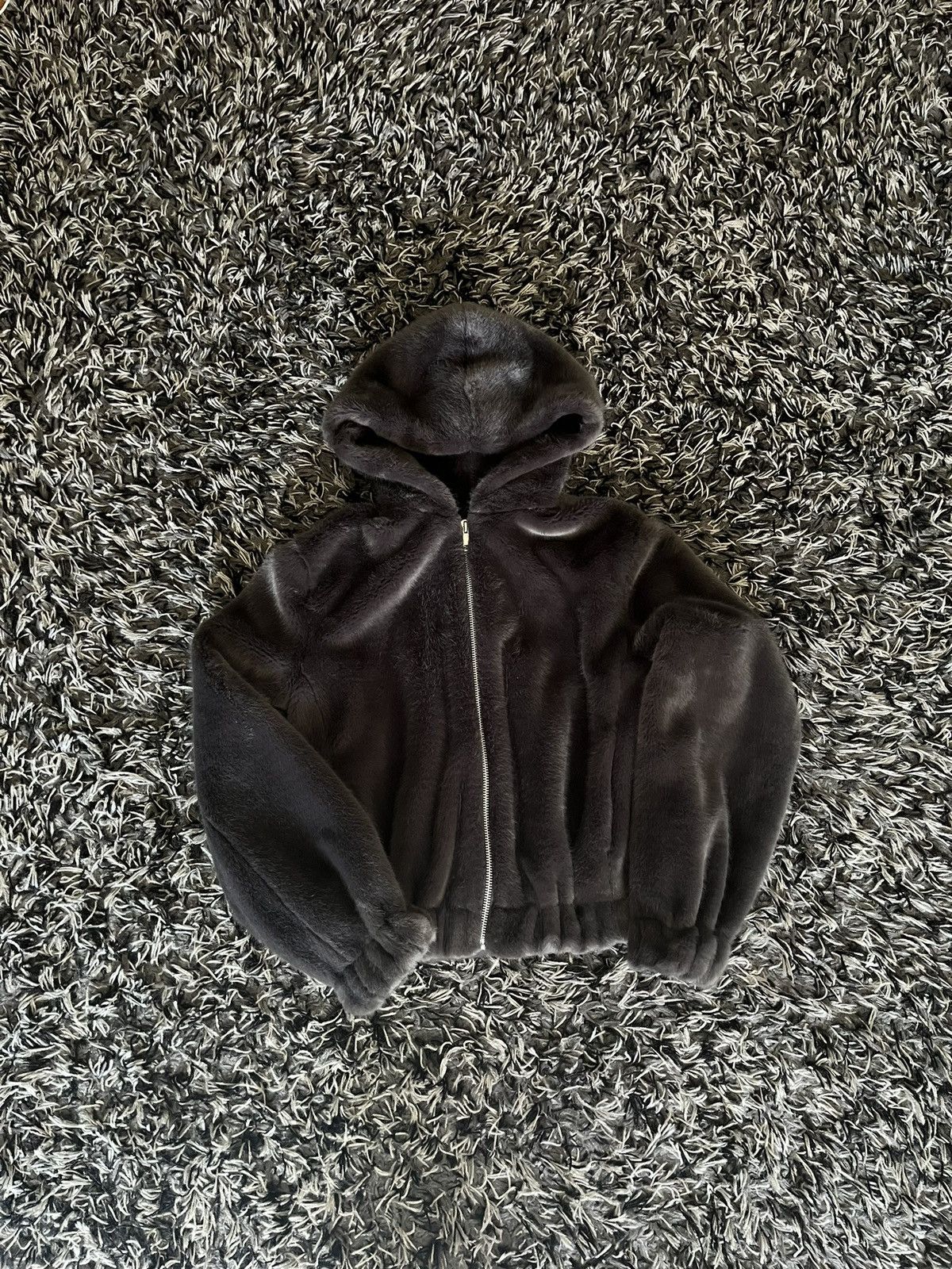 image of Helmut Lang Cropped Faux Fur Hooded Zip Up Jacket in Grey, Men's (Size Small)
