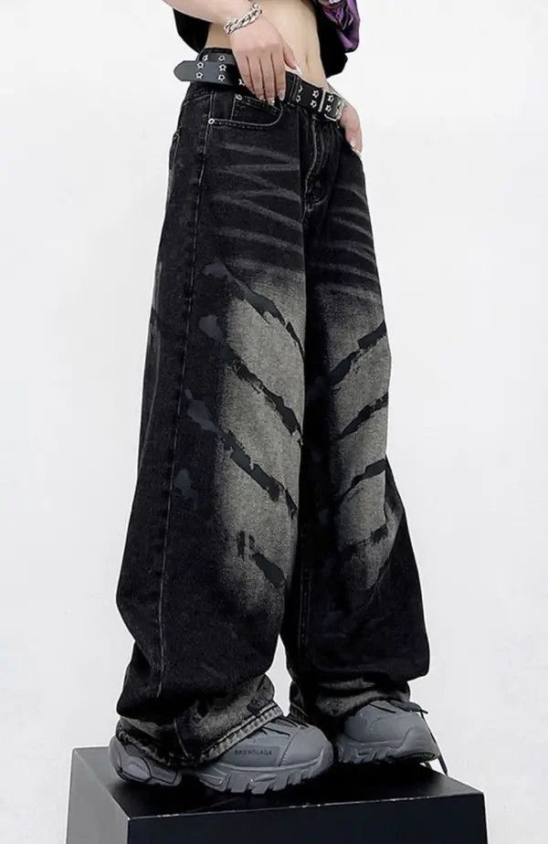 VIBE Vintage Unisex Black Tie Dye Graffiti Pattern Jean Size US 30 / EU 46 - 3 Thumbnail