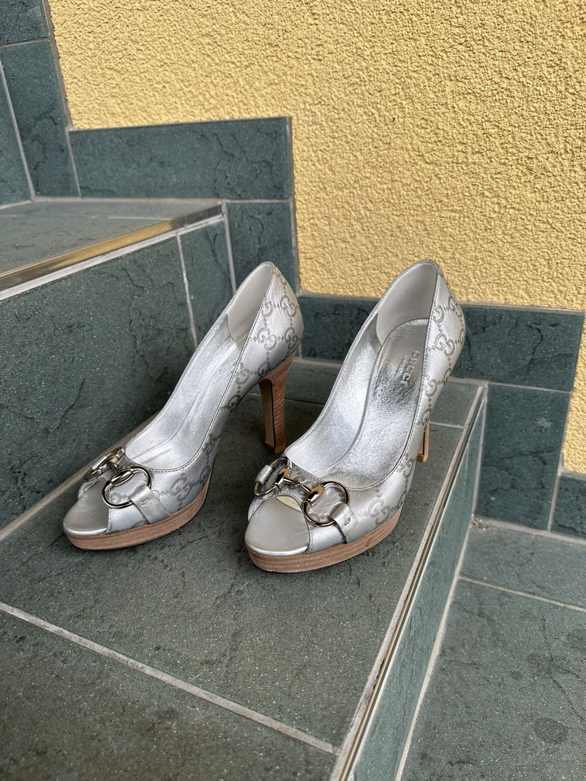 Gucci Gucci Monogram Heels Pumps Gray Luxury Shoes Made in Italy Size US 5.5 / IT 35.5 - 1 Thumbnail