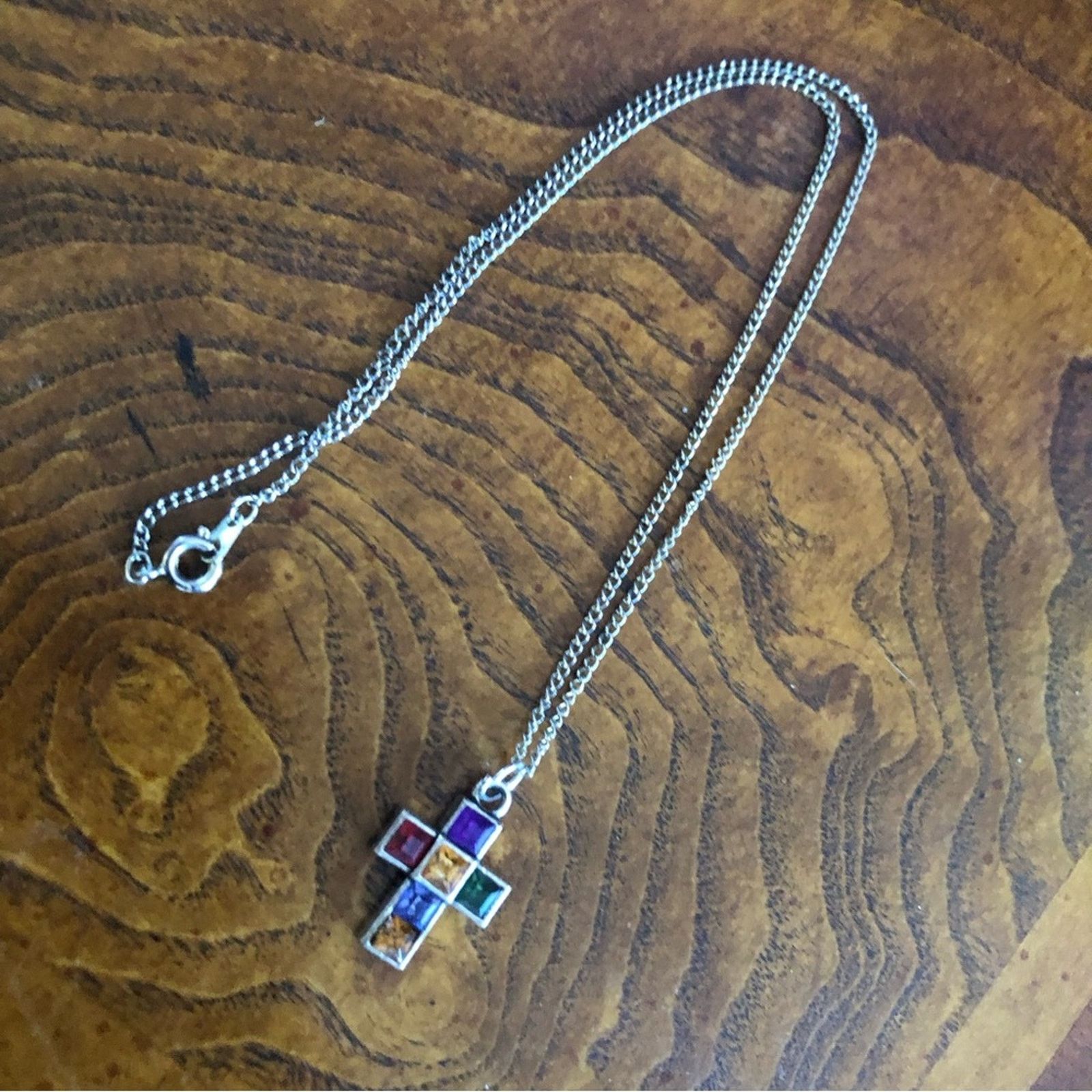 Vintage Vintage multi tone square shape gem cross on chain necklace Size ONE SIZE - 8 Thumbnail