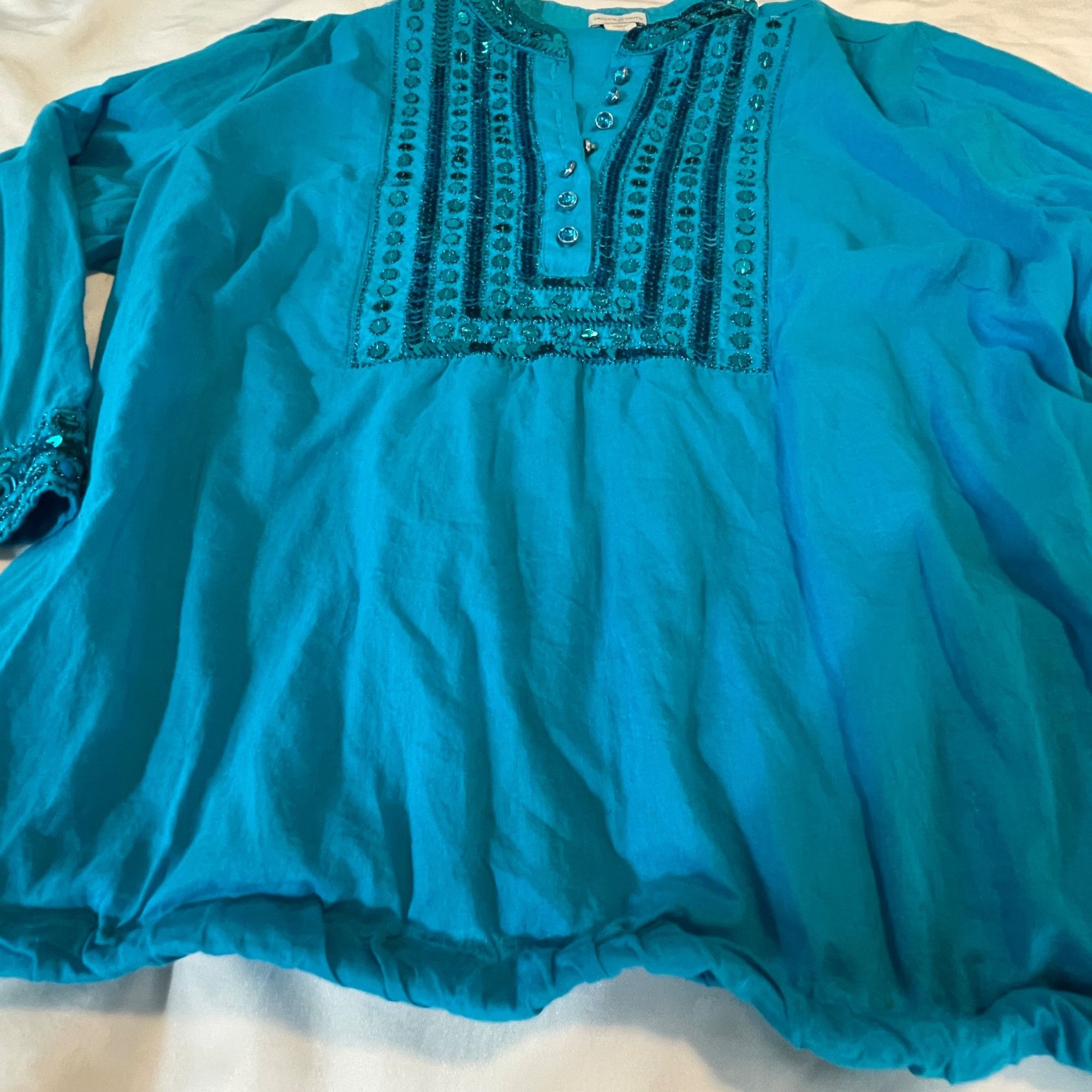 Other Jaclyn Smith Womens Large Teal Embellished Cotton Blouse Size L / US 10 / IT 46 - 2 Thumbnail