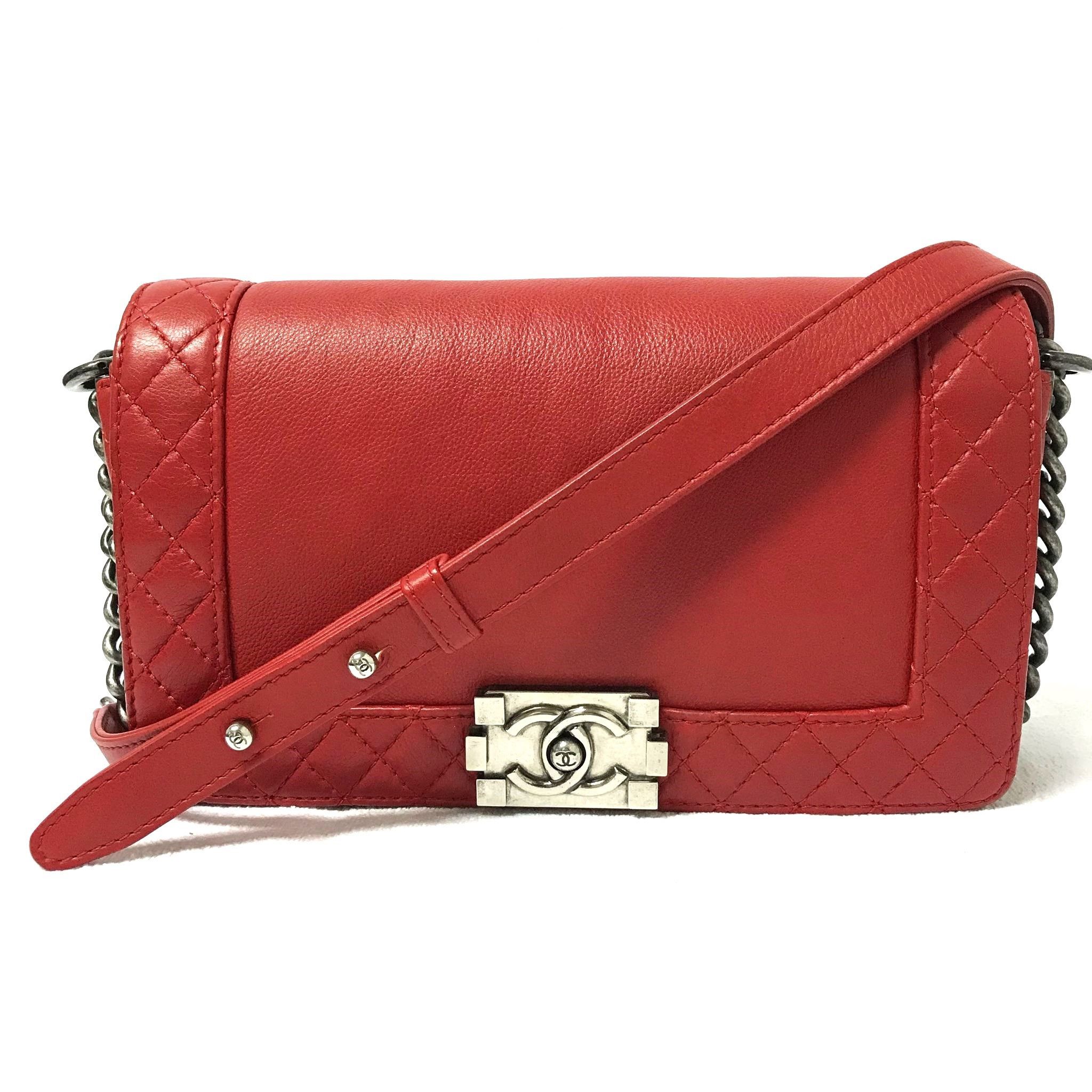 image of Chanel Red Medium Lambskin Boy Reverso Flap Shoulder Bag, Women's