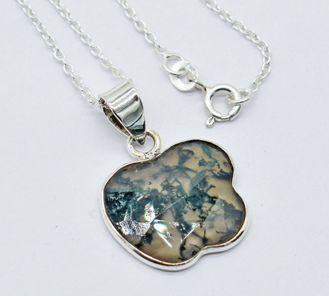 Handmade Apple Moss Agate 925 Sterling Silver Necklace, 18 Inch Chain Size ONE SIZE - 2 Thumbnail