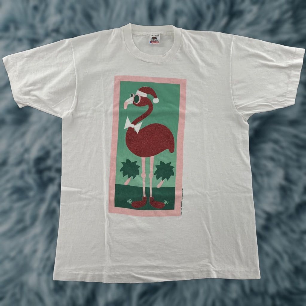 Fruit Of The Loom VINTAGE Flamingo Shirt Adult XL Christmas Glitter Graphic T-Shirt White 100% Cotton USA Mens 90s Christmas Flamingo Glitter Logo Size US XL / EU 56 / 4 - 1 Thumbnail