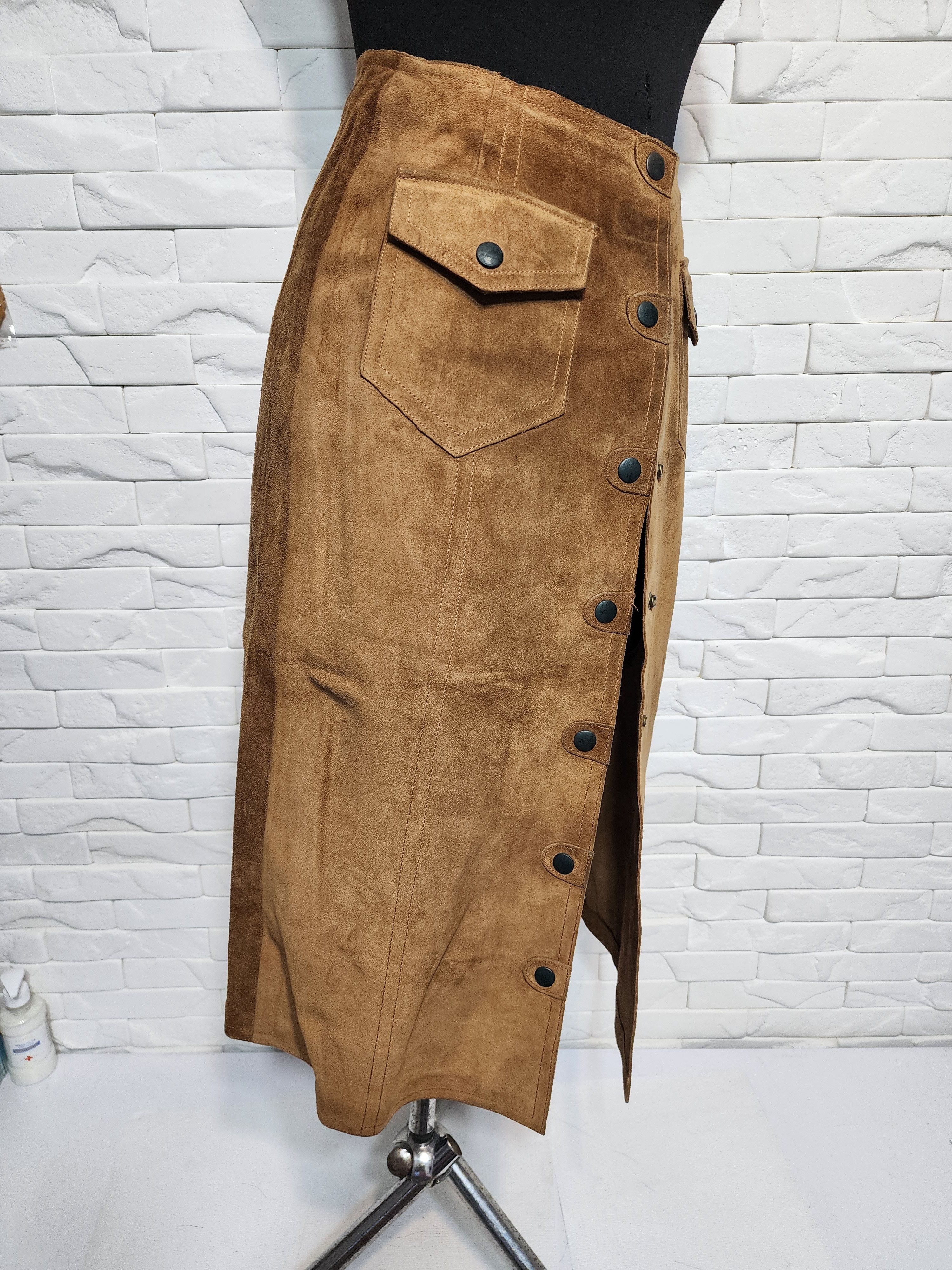 Other Brown Suede Leather Skirt, Metal Buttons Fasteners Size 28" / US 6 / IT 42 - 3 Thumbnail