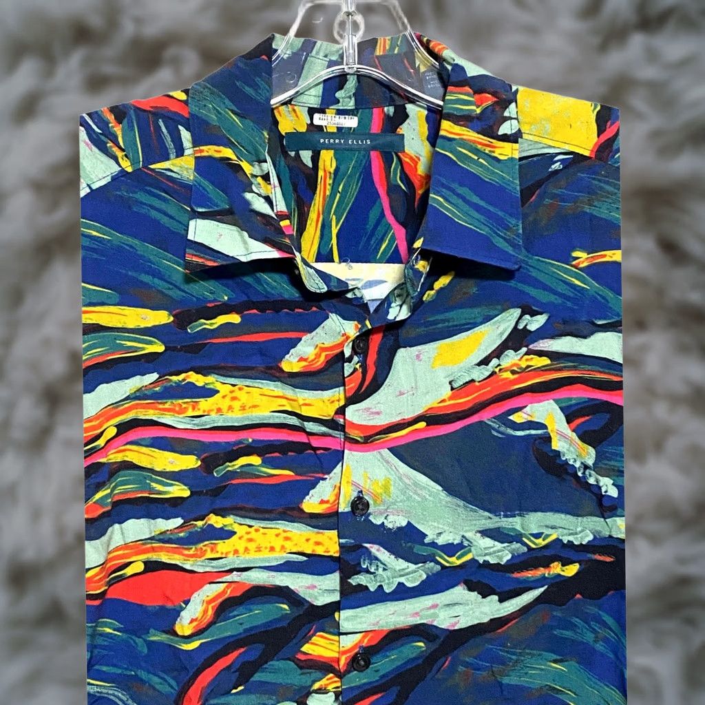 Perry Ellis Perry Ellis Button-Up Shirt Men S Viscose Watercolor Abstract Colorblock 80s Artsy Indie Short Sleeve Blue Button-Down Casual Workwear Travel Mens Size US S / EU 44-46 / 1 - 1 Thumbnail
