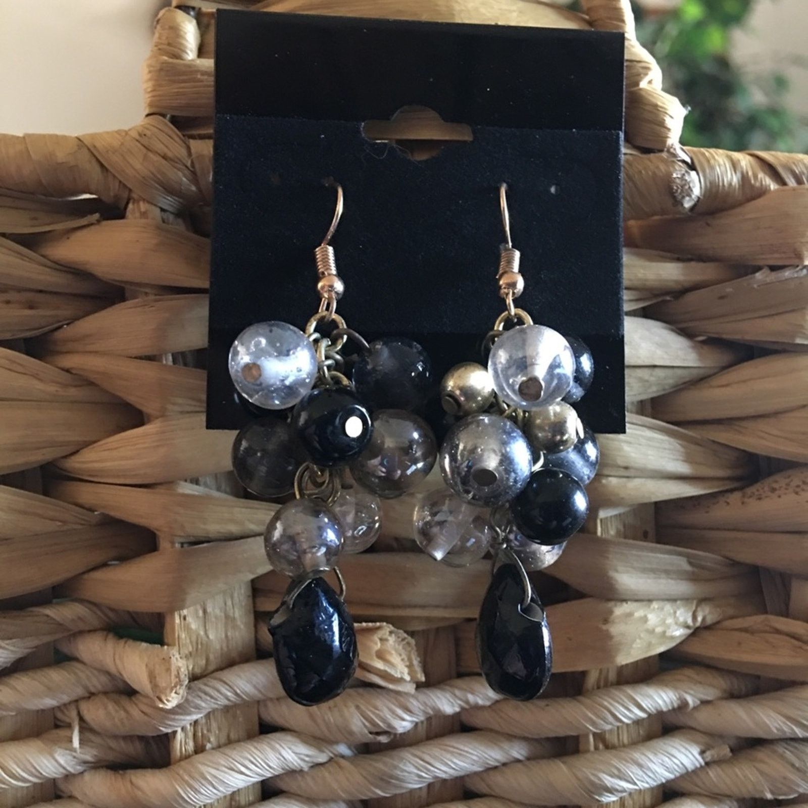 Jewelry Black Silver Clear Glass Bead Chandelier Earrings, Women's