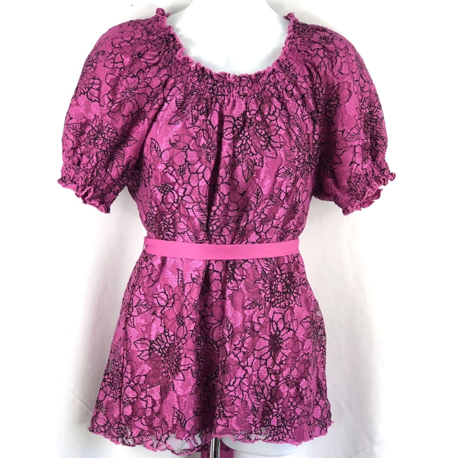 Vintage VINTAGE Fashion Bug Blouse Shirt Womens L Purple Floral Lace Off Shoulder Puff Sleeve Ruffle Tunic/Coquette Floral 90s Theme Size L / US 10 / IT 46 - 2 Thumbnail