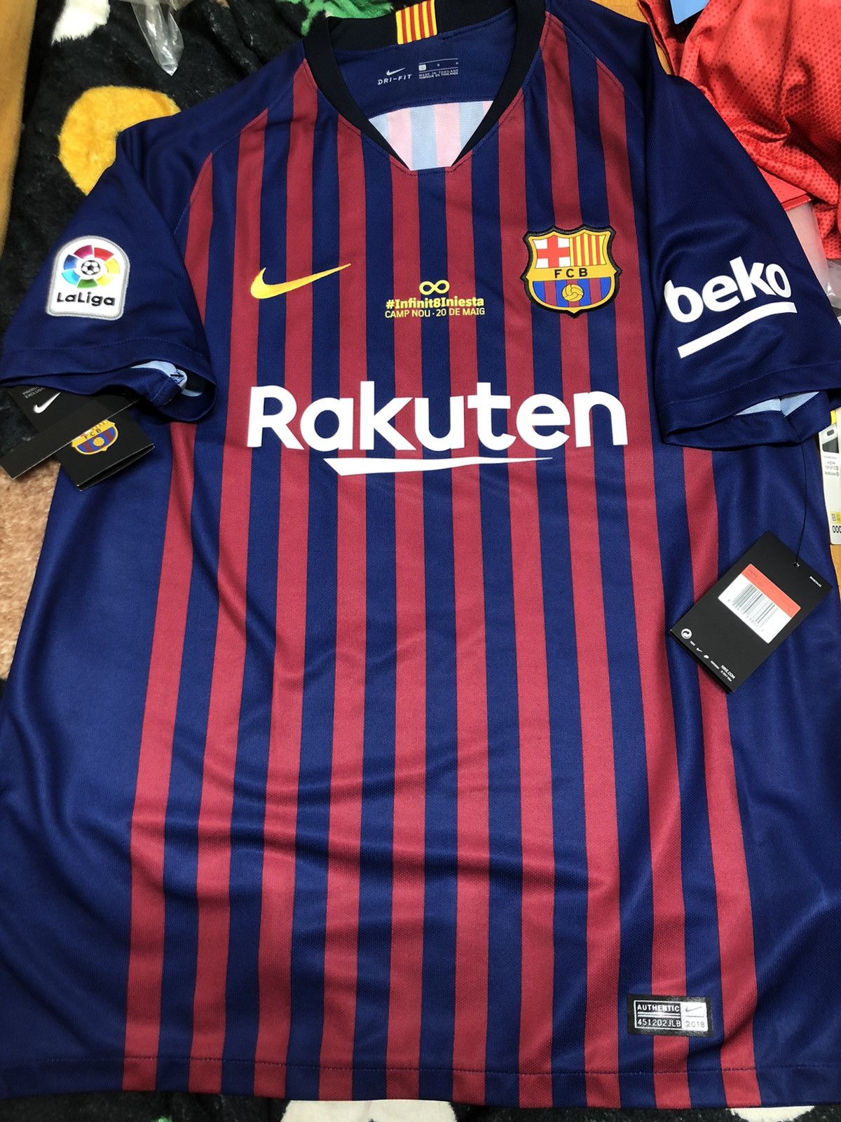 image of F C Barcelona x Nike Barcelona 18/19 Home 8 Iniesta Last Match Shirt in Blue/Red, Men's (Size Large