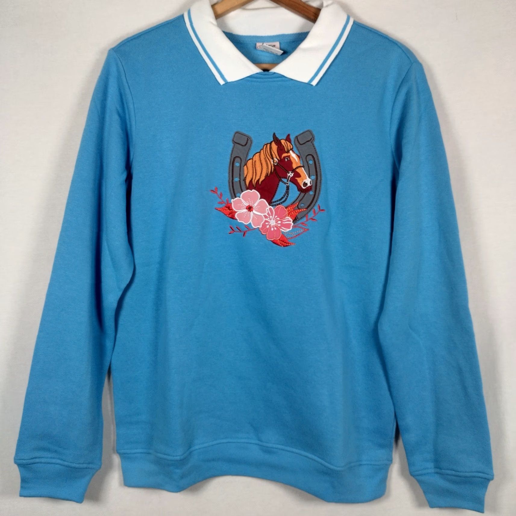 Vintage Adrian Delafield Horse Sweatshirt Women M Collared Horseshoe Equestrian Blue Size M / US 6-8 / IT 42-44 - 2 Thumbnail