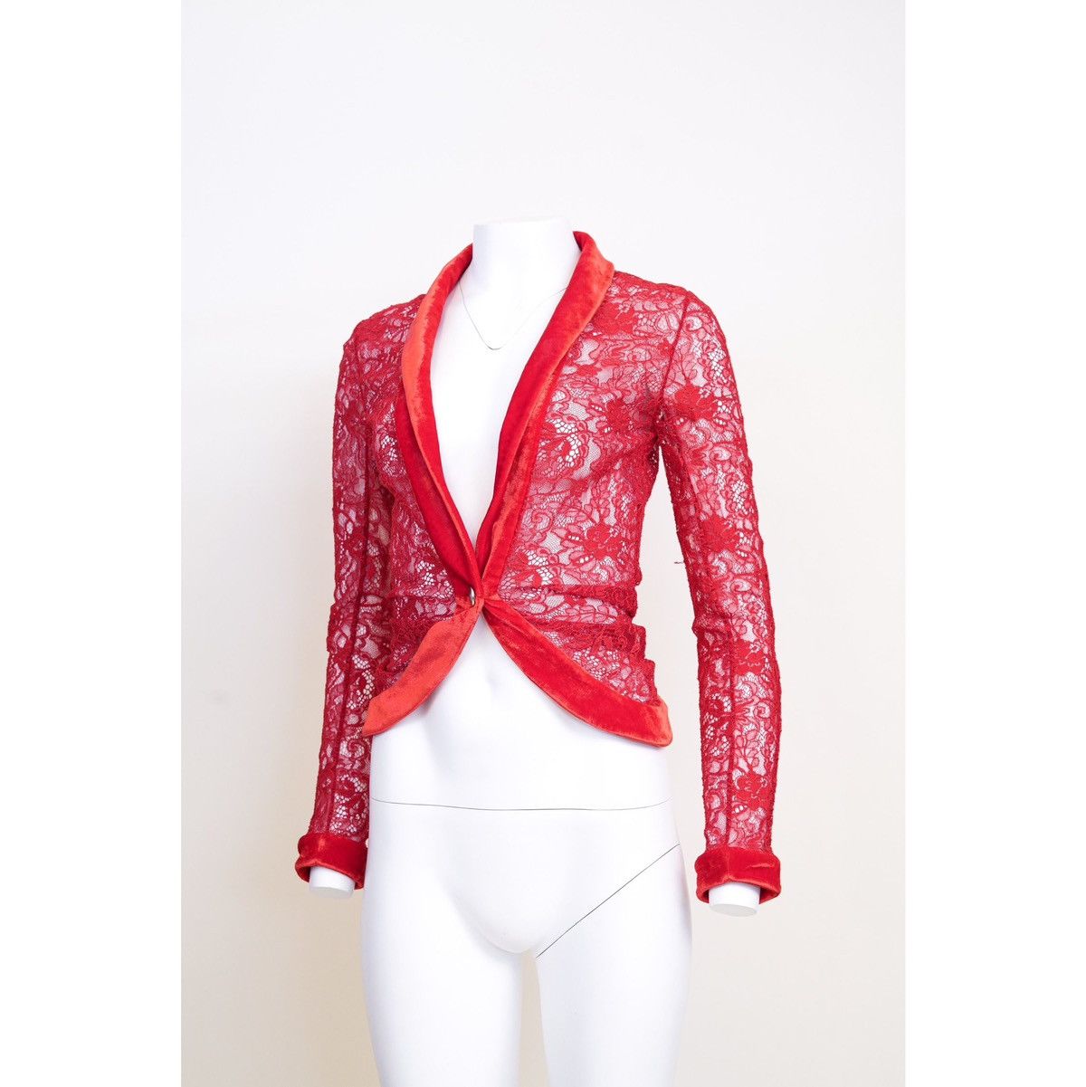 Dior Christian Dior F/W 2003 Red Lace Jacket Top with Velvet Trim Size S / US 4 / IT 40 - 4 Thumbnail