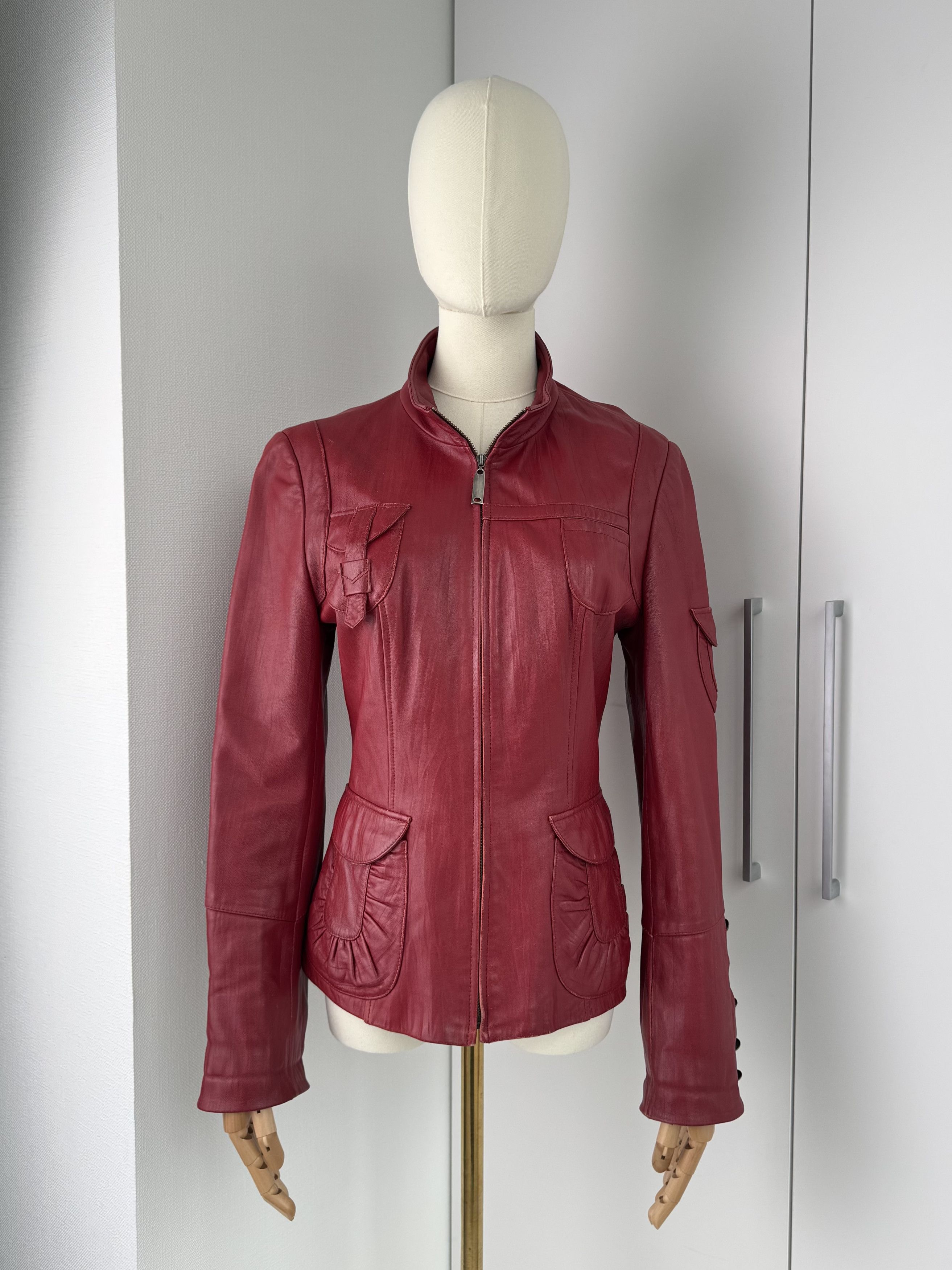 Vintage Women Red Leather Jacket Y2K Vintage Fitted Zip Up Style Size S / US 4 / IT 40 - 1 Thumbnail