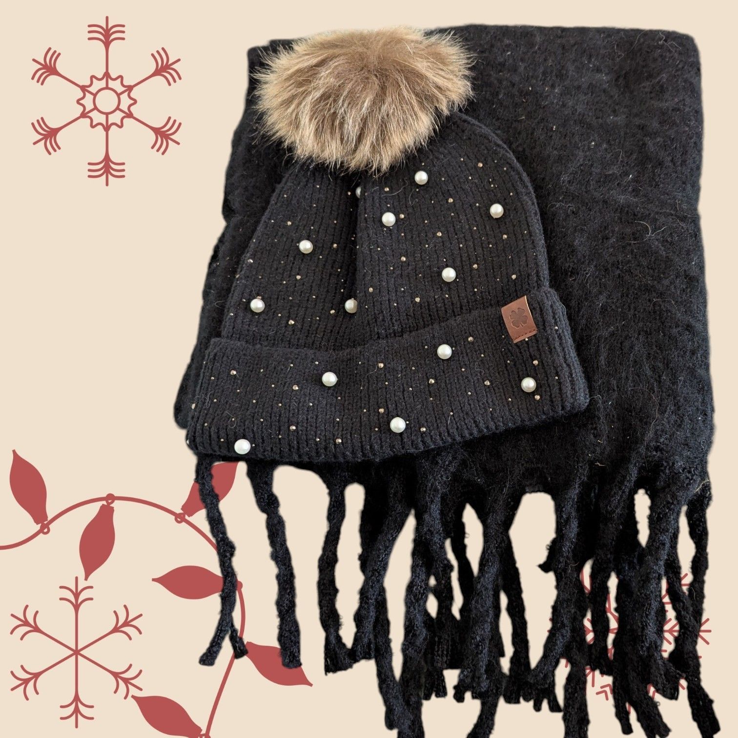 Lucky Brand Lucky Brand Womens 2 Piece Hat Scarf Set Black Pearl Stars Size ONE SIZE - 1 Thumbnail