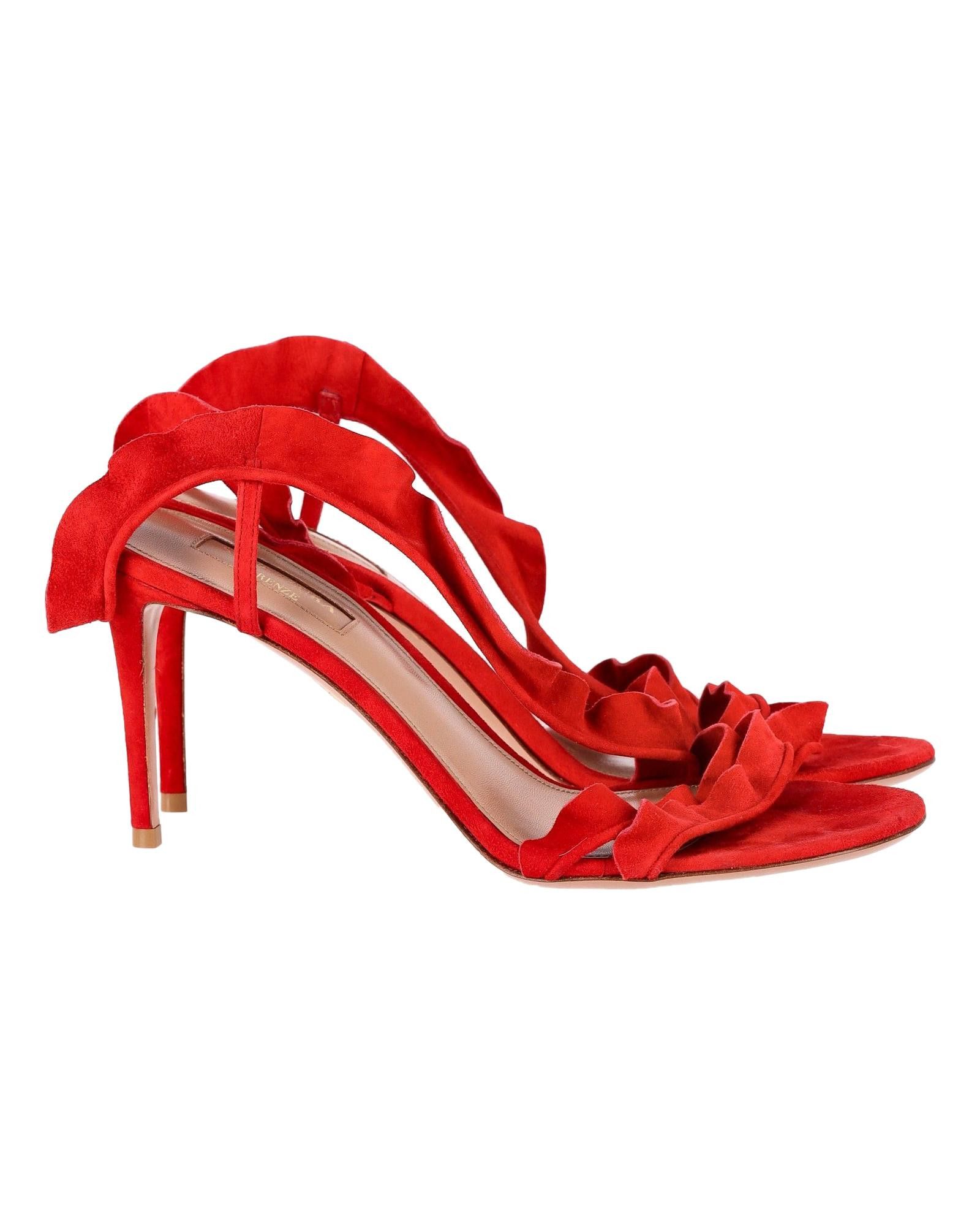 image of Aquazzura Ruffled Red Suede Sandals With Playful Design in Red/Ruby, Women's (Size 9)