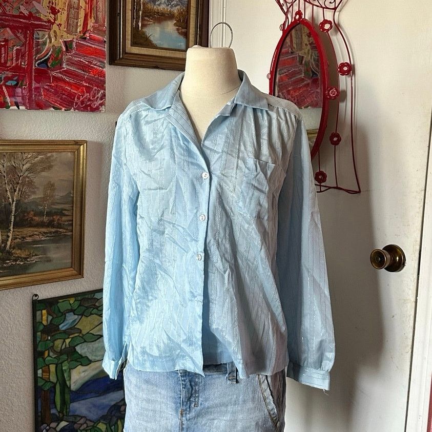 Other no brand blue silver striped button up blouse Size L / US 10 / IT 46 - 1 Thumbnail