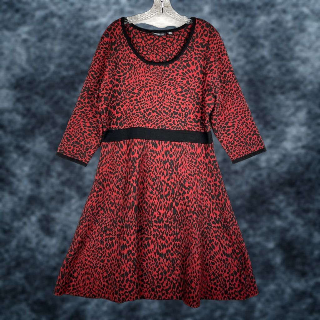 Vintage Nina Leonard Dress XL Black Red Animal Print Knit Scoop Neck A-Line Shirt Dress Womens Vintage No Size XL / US 12-14 / IT 48-50 - 1 Thumbnail