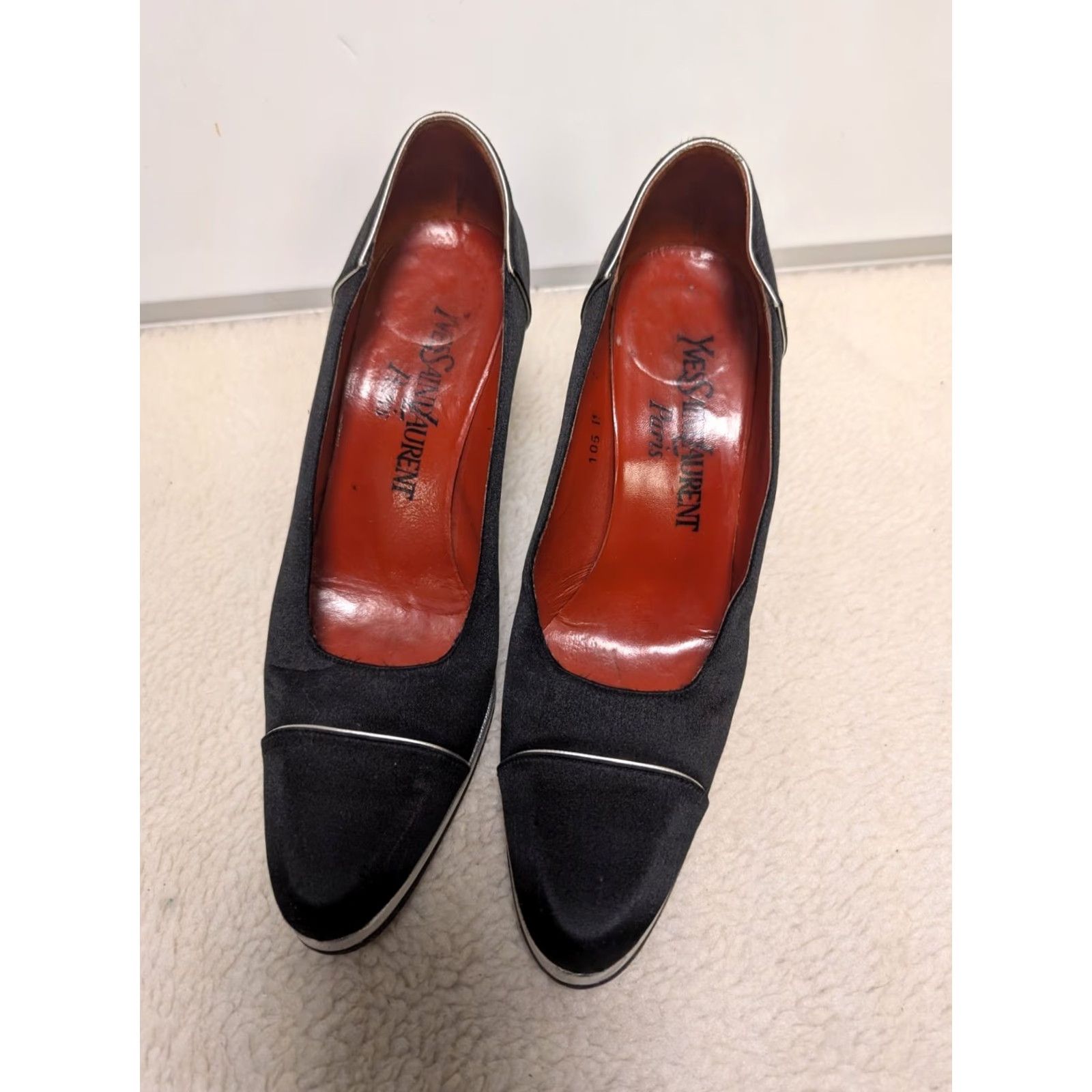Yves Saint Laurent VINTAGE Yves Saint Laurent Pumps Black Satin Taffeta Silver Block Heel 7 Womens 1970s Size US 7 / IT 37 - 3 Thumbnail
