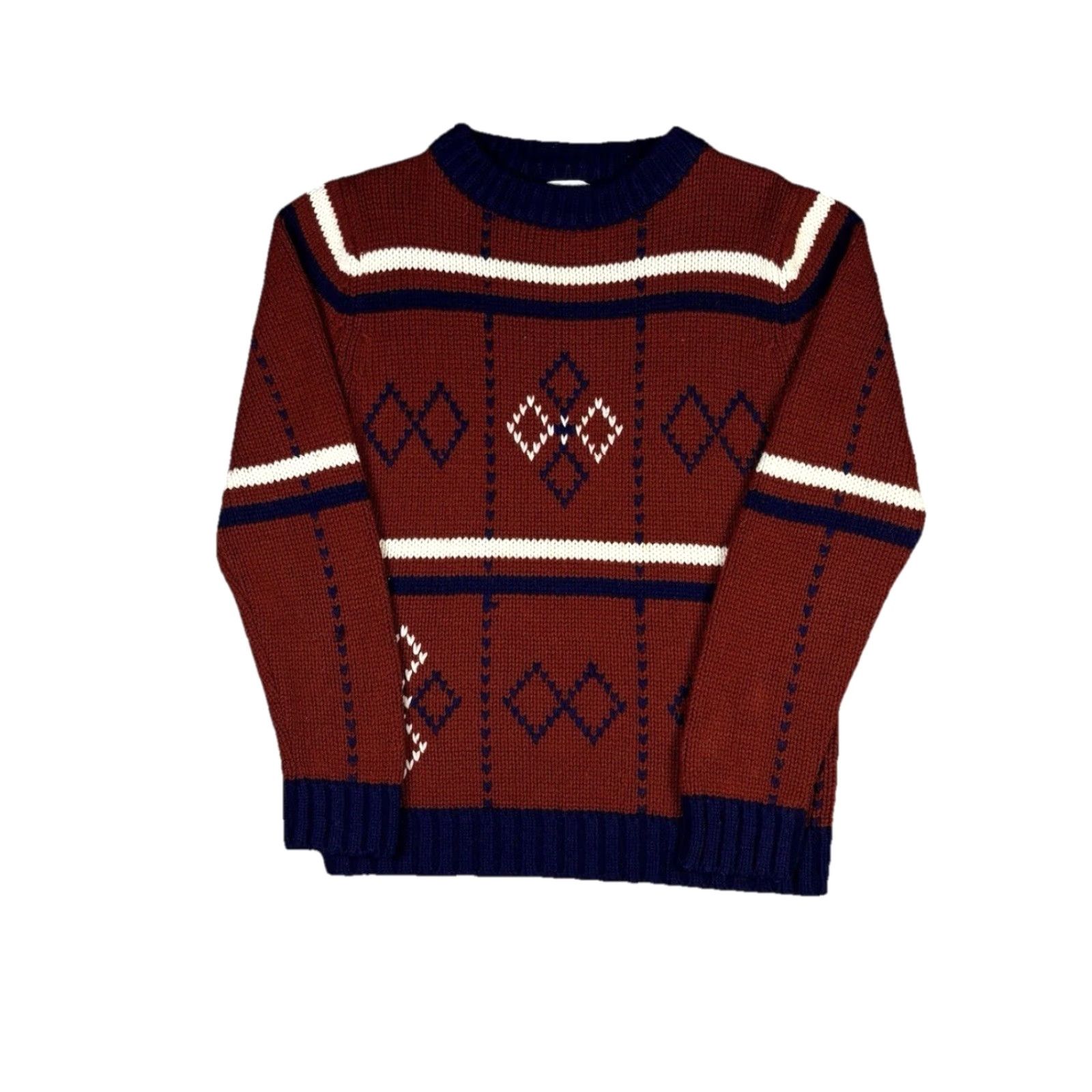 Vintage VINTAGE Knit Sweater Acrylic Diamond Striped Pattern Adult Small 70s Mens Pullover Crew Neck Brown Classic Lightweight Size US S / EU 44-46 / 1 - 2 Thumbnail