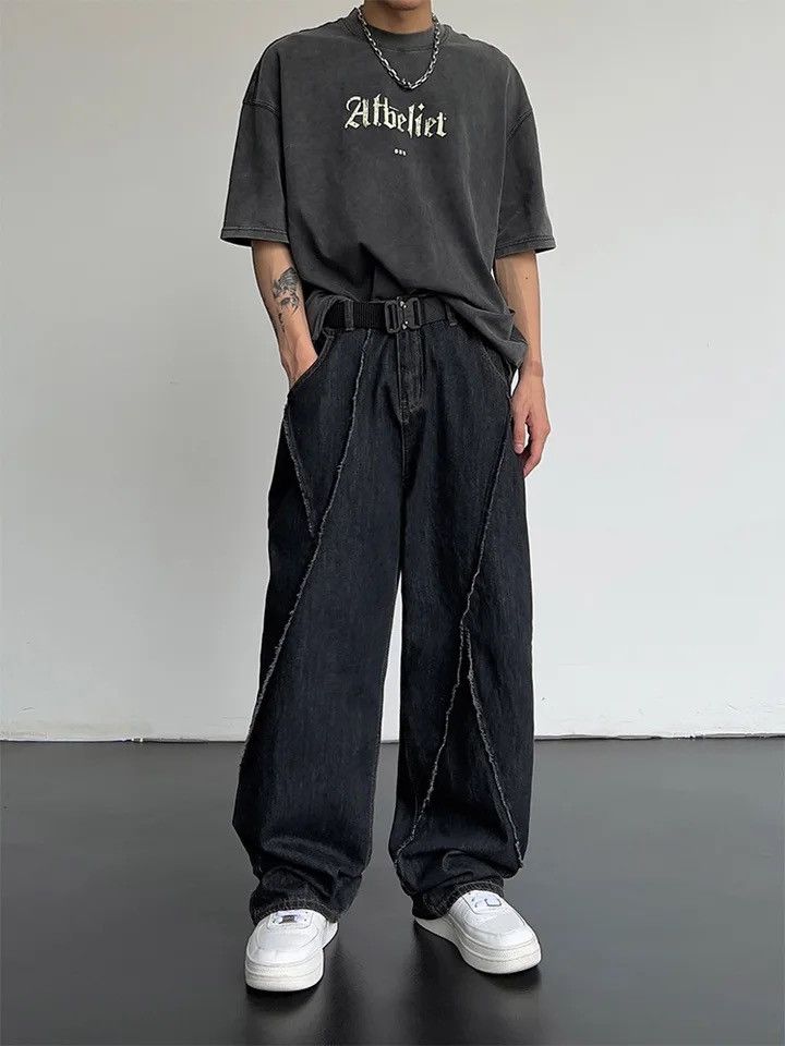 image of Distressed Denim Ripped Line Patchwork Denim Pant in Black, Men's (Size 31)