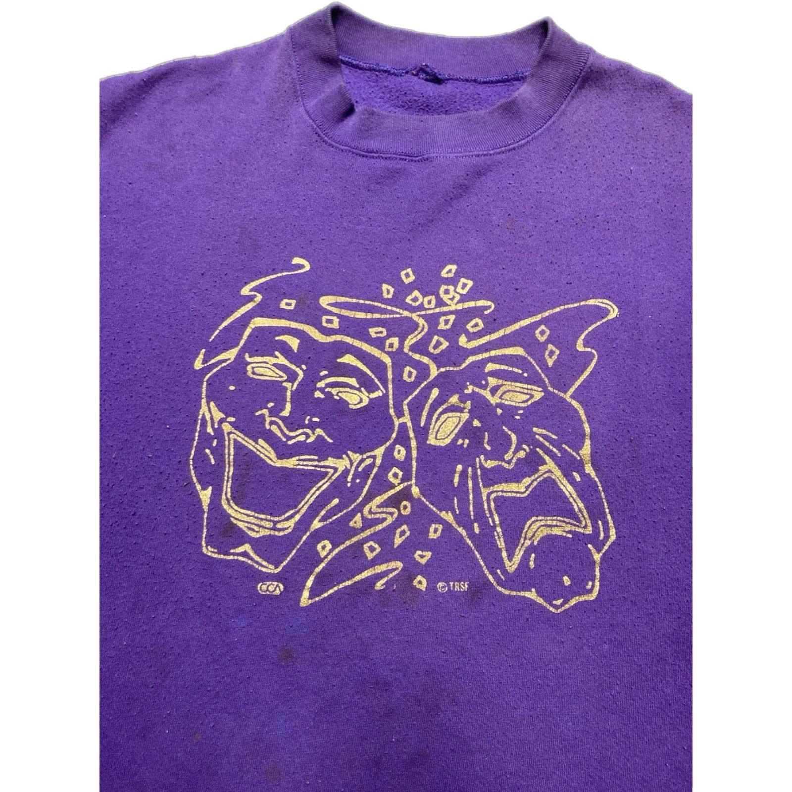 Vintage VINTAGE 80s 90s crewneck sweatshirt happy sad mask theatre comedy tragedy 2XL Men Purple 90s Shirt Pullover Cartoon? Size US XXL / EU 58 / 5 - 1 Thumbnail