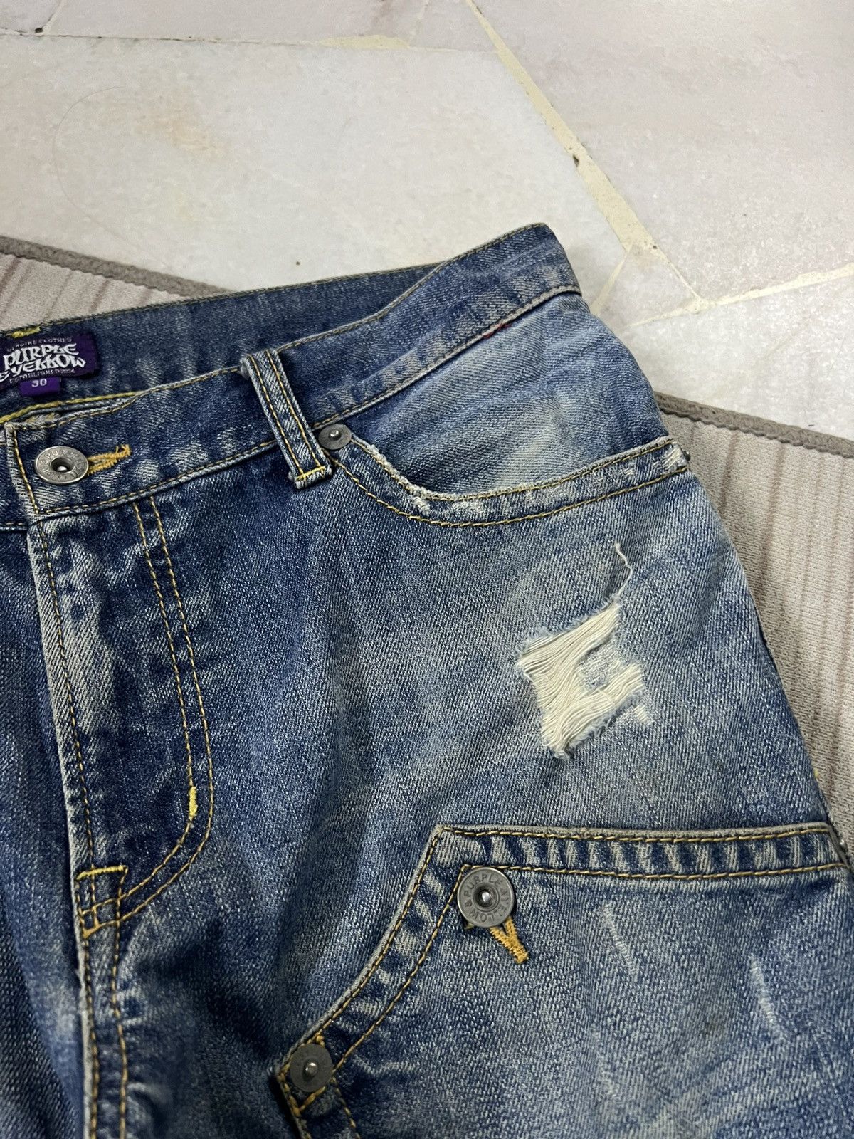 Japanese Brand 💥Twist Leg💥Purple & Yellow Distress Backle Back Flare Jean Size US 31 - 14 Thumbnail