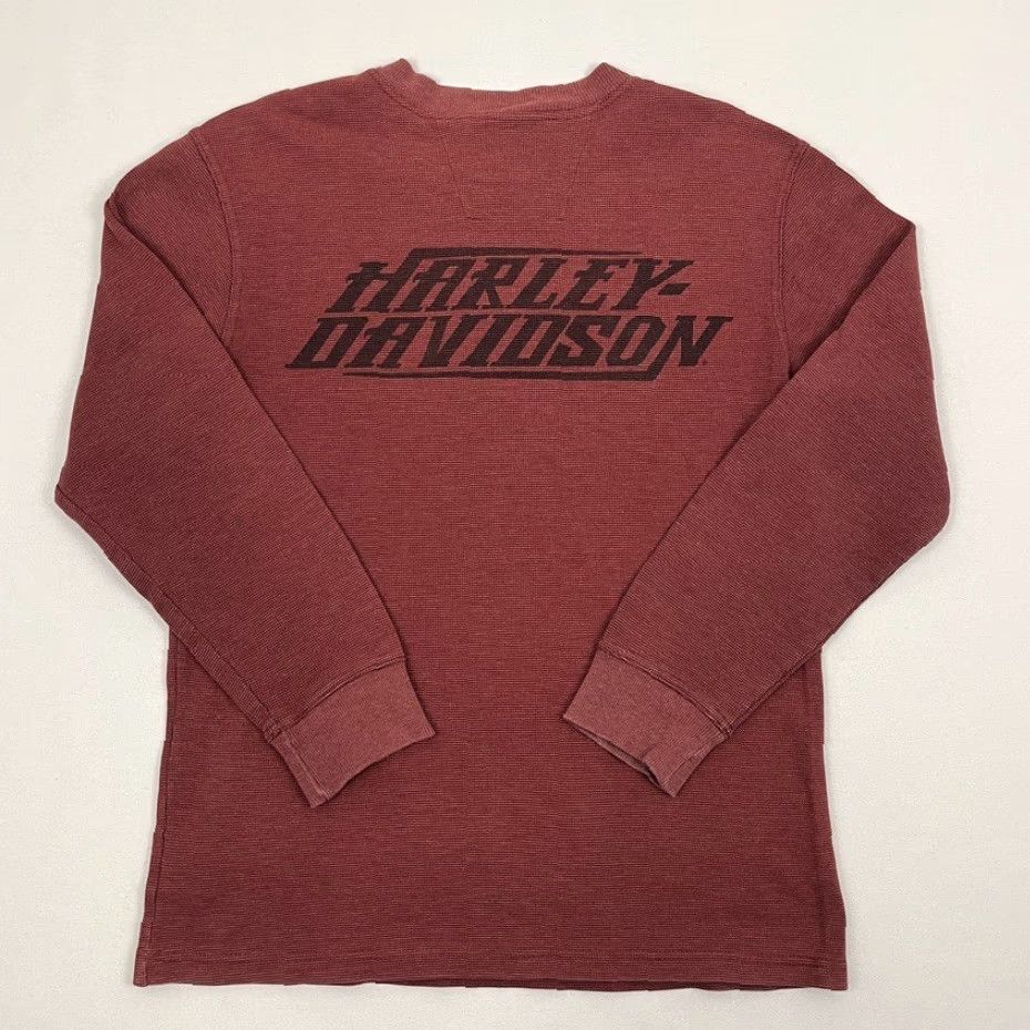 Harley Davidson VINTAGE Harley-Davidson Shirt Mens Large Red Thermal Knit Henley Embroidered Biker Y2K Size US L / EU 52-54 / 3 - 2 Thumbnail
